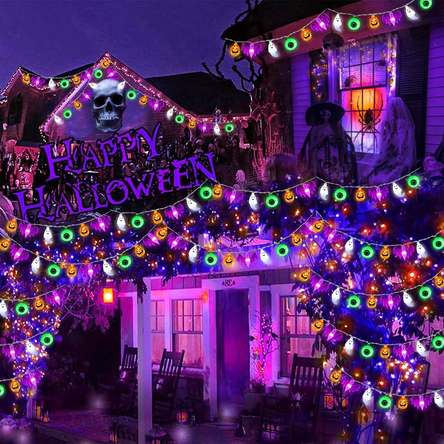 50LED Pumpkin Bat Ghost Eyeball Battery Operated String Lights - Waterproof Fairy Lights for Halloween Party, Home Window, Porch, Gate Decor - Indoor & Outdoor Halloween, Christmas, Garden, Wedding Decorations