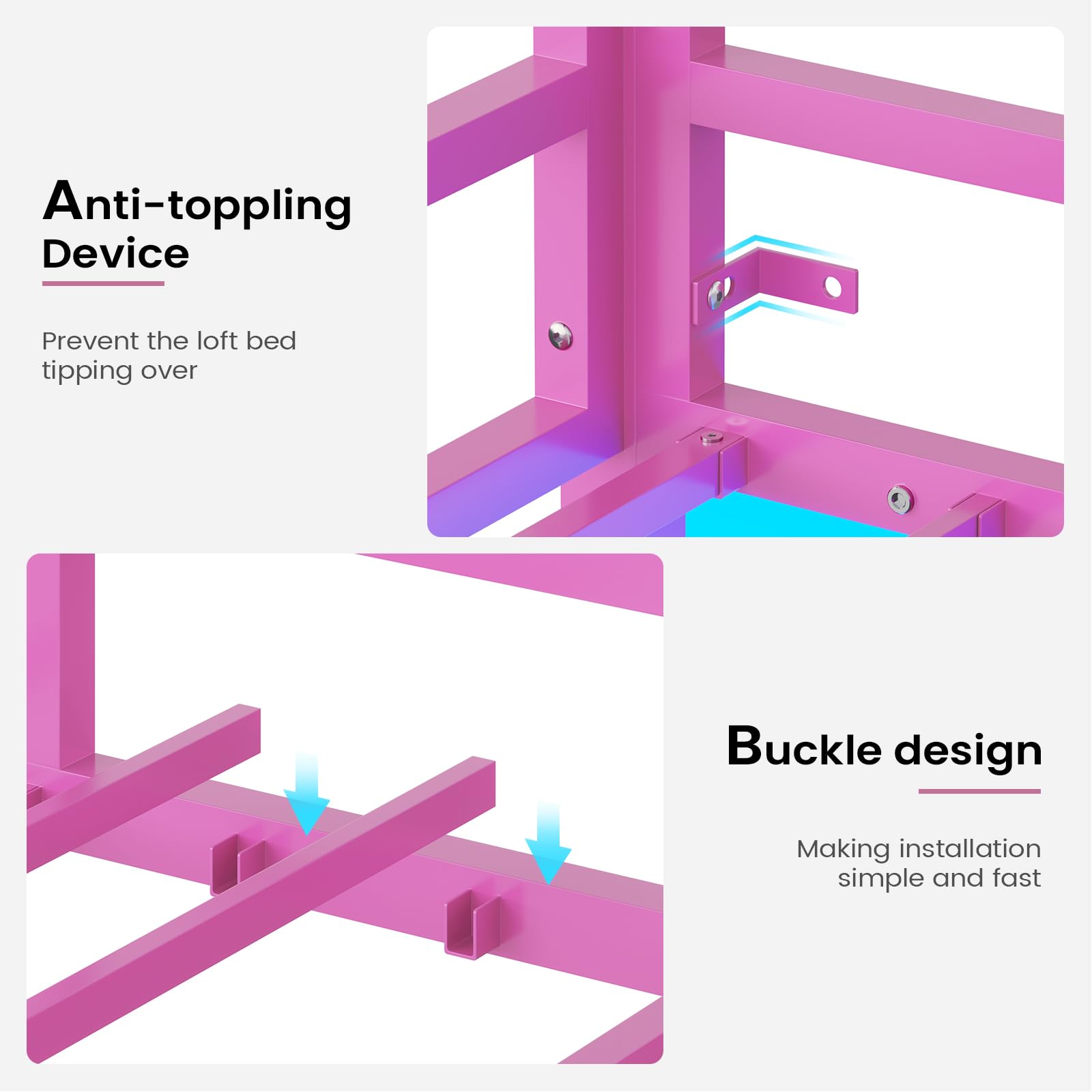 Hasuit Twin Metal Loft Bed with LED Lights - Sturdy Space-Saving Loft Bed Frame with Full-Length Guardrail & Clothes Rack - No Box Spring Needed, Noise Free - Perfect for Kids, Teens & Small Bedrooms (Pink)