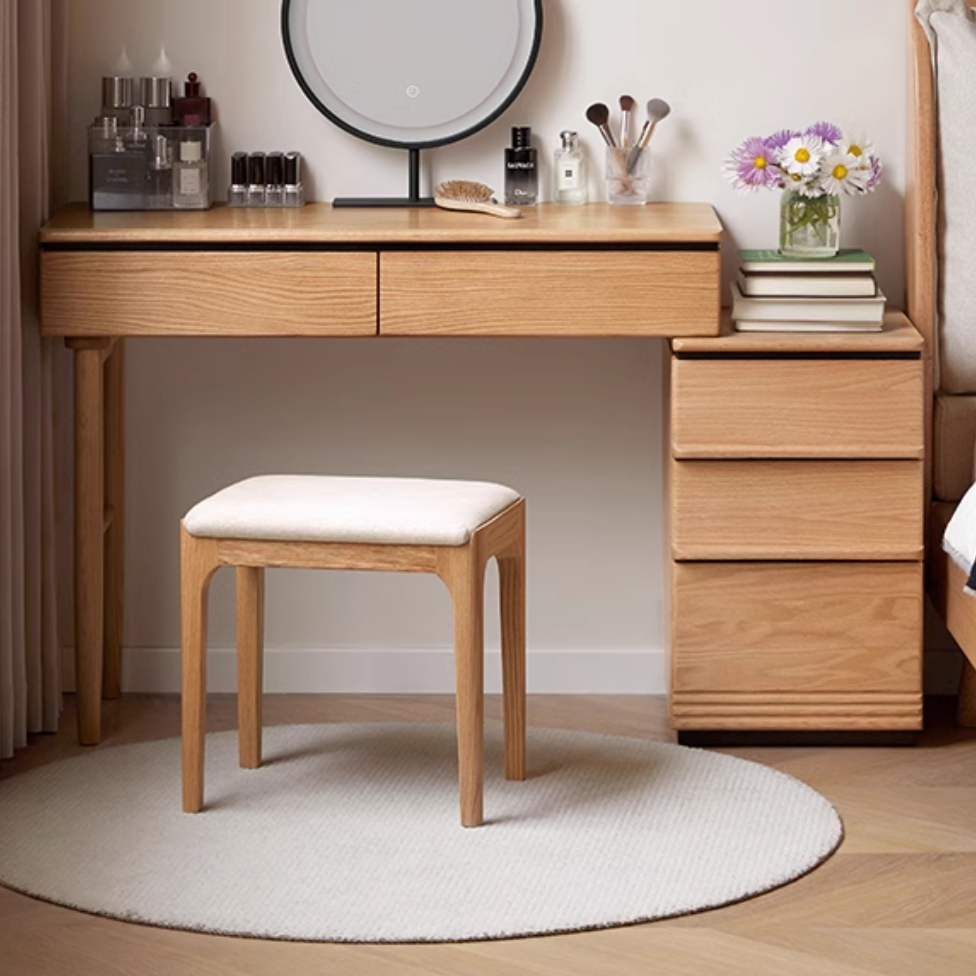 Modern Oak Solid Wood Retractable Dressing Table - Vanity Makeup Desk with Mirror for Bedroom & Home Decor