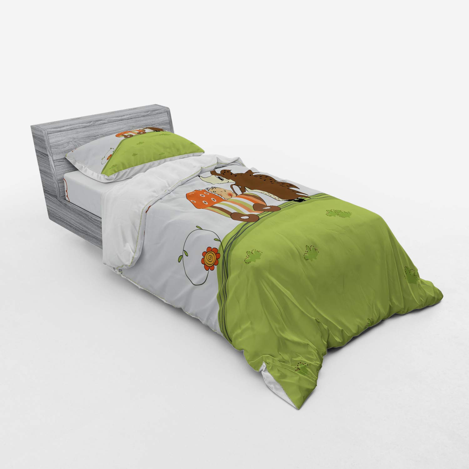 Ambesonne Funny Hedgehog Shower Theme Duvet Cover Set - 3 Piece Bedding with Sham & Fitted Sheet, Twin Size in Green & Pale Blue | Cute Animal Print for Kids Room, Nursery Decor or Unique Gift