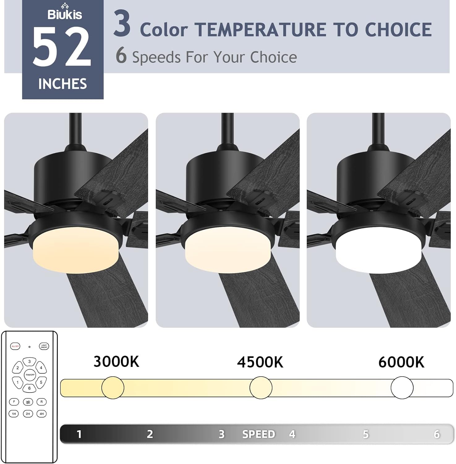 Black Ceiling Fan with Light - 6 Speed Adjustable, Noiseless DC Motor for Living Room & Bedroom - Walnut