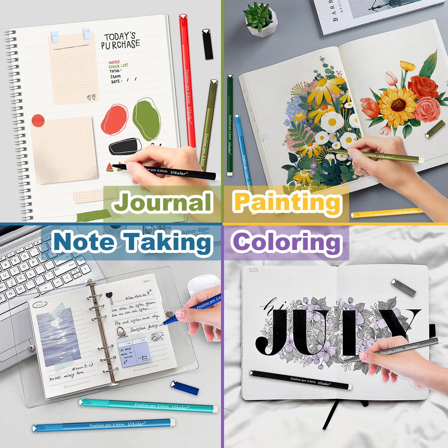 Vitoler 24-Pack 0.4mm Fine Tip Colored Pens for Journaling, Drawing & Planning - Vibrant Ink Pens for Adults & Kids - Perfect for School, Art Projects, Bullet Journals & Creative Writing