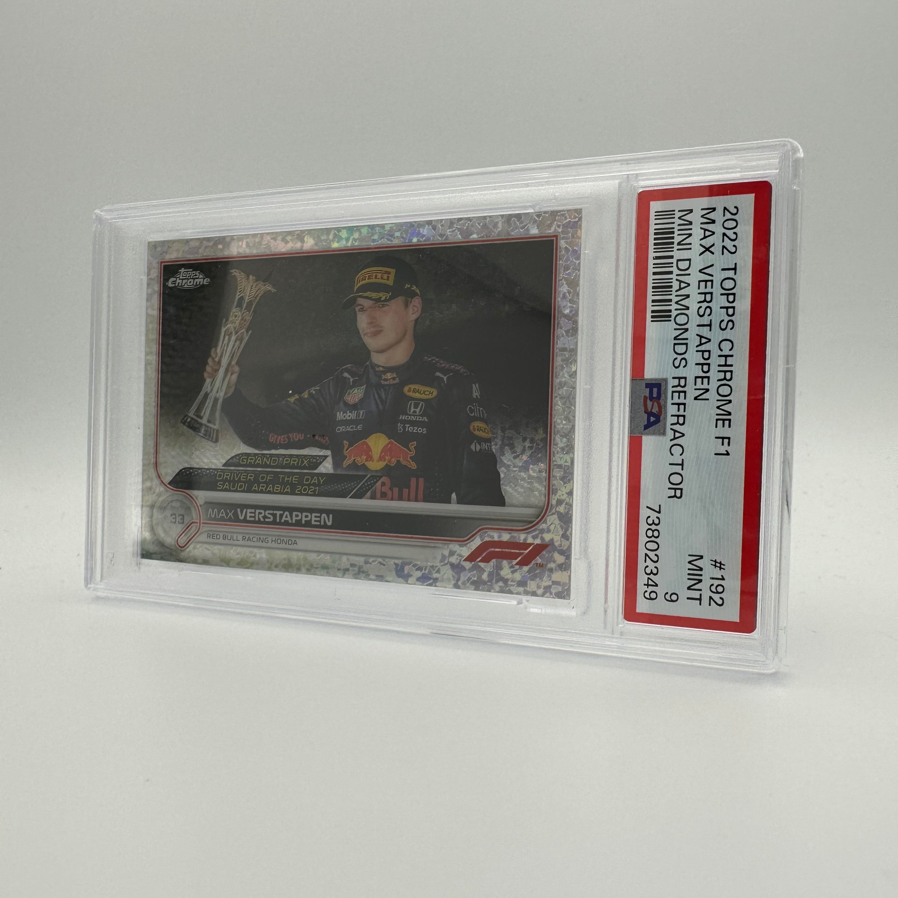 PSA 9 Graded 111/299 Max Verstappen #192 Mini Diamonds Refractor - Rare Collectible for F1 Fans & Sports Memorabilia Enthusiasts