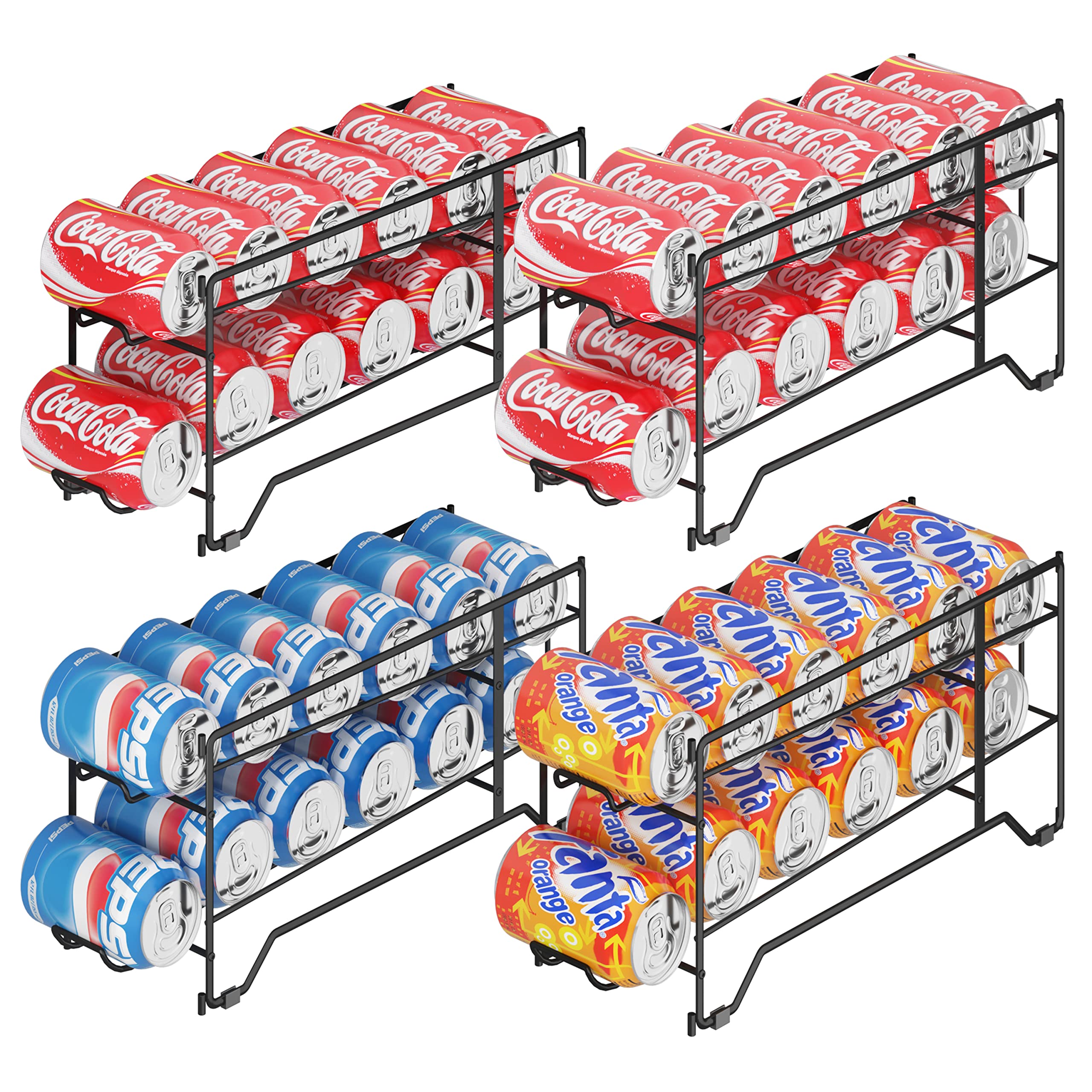 Stackable 4-Pack Soda Can Organizer Rack - Holds 12 Standard 12oz Cans for Refrigerator or Pantry Storage - Black - Perfect for Soda, Beer & Canned Food Organization