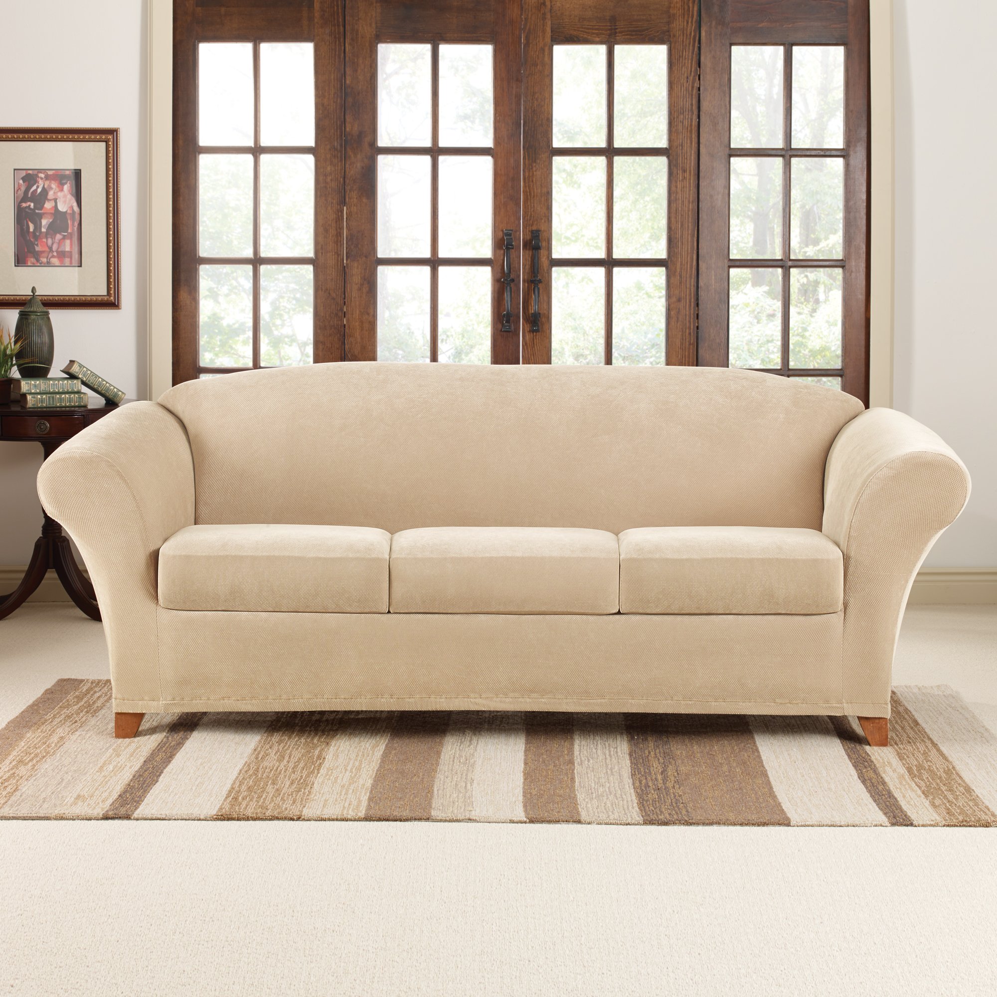 SureFit Stretch Pique 3-Seat Sofa Cover - Soft Slip-Resistant Couch Protector - Cream - Fits Most Couches (Living Room, Family Room, Home Decor)