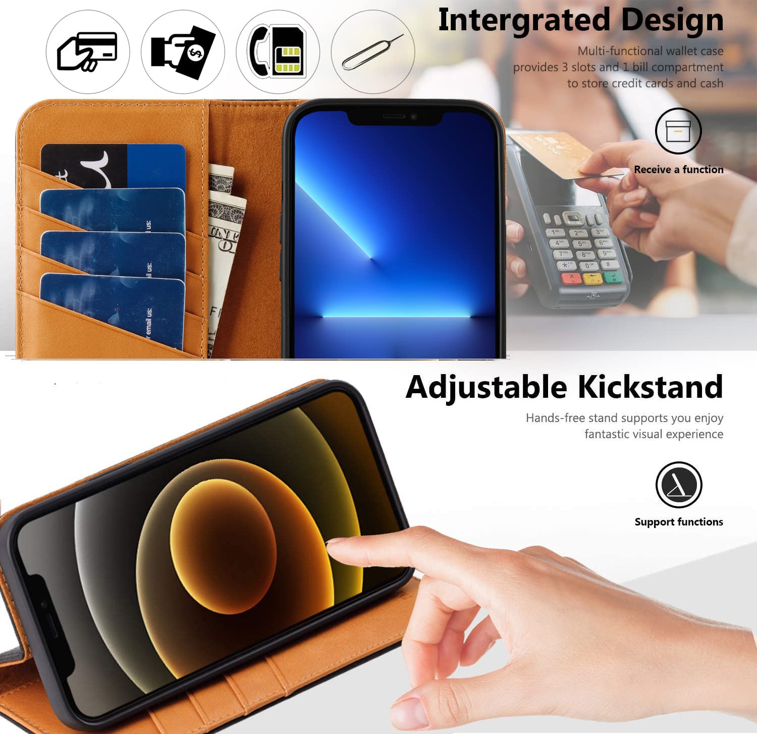 Premium VISOUL Magnetic Wallet Case for iPhone 13 Pro Max (6.7-inch) - Carbon Fiber Leather Folio Cover with Card Holder (Black+Tan) | Perfect for Business, Travel & Everyday Protection