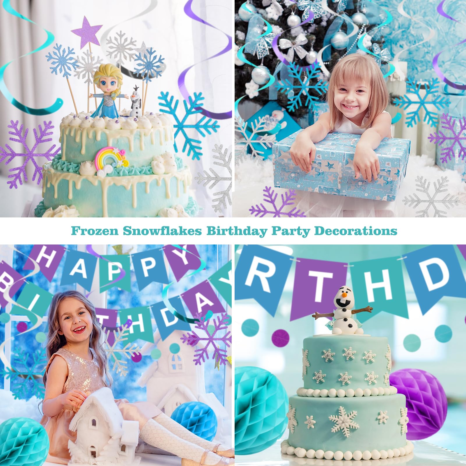 Meowtastic Frozen Birthday Party Decorations Kit - Happy Birthday Banner, Honeycomb Balls, Snowflake Hanging Swirls & Circle Dot Garlands - Winter Themed Birthday Decor for Boys & Girls - Perfect for Frozen Themed Parties, Winter Celebrations & Kids Birthday Decorations