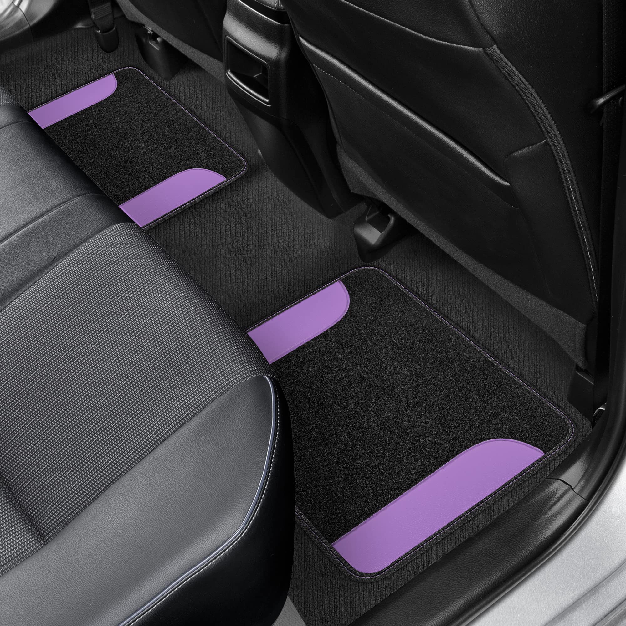 Premium BDK Two-Tone Car Floor Mats - Waterproof Automotive Carpet Mats with Faux Leather Trim & Anti-Slip Heel Pad - Luxury Car Interior Accessories for Sedans, SUVs & Trucks (Purple) - Perfect for Daily Commute, Road Trips & All-Weather Protection
