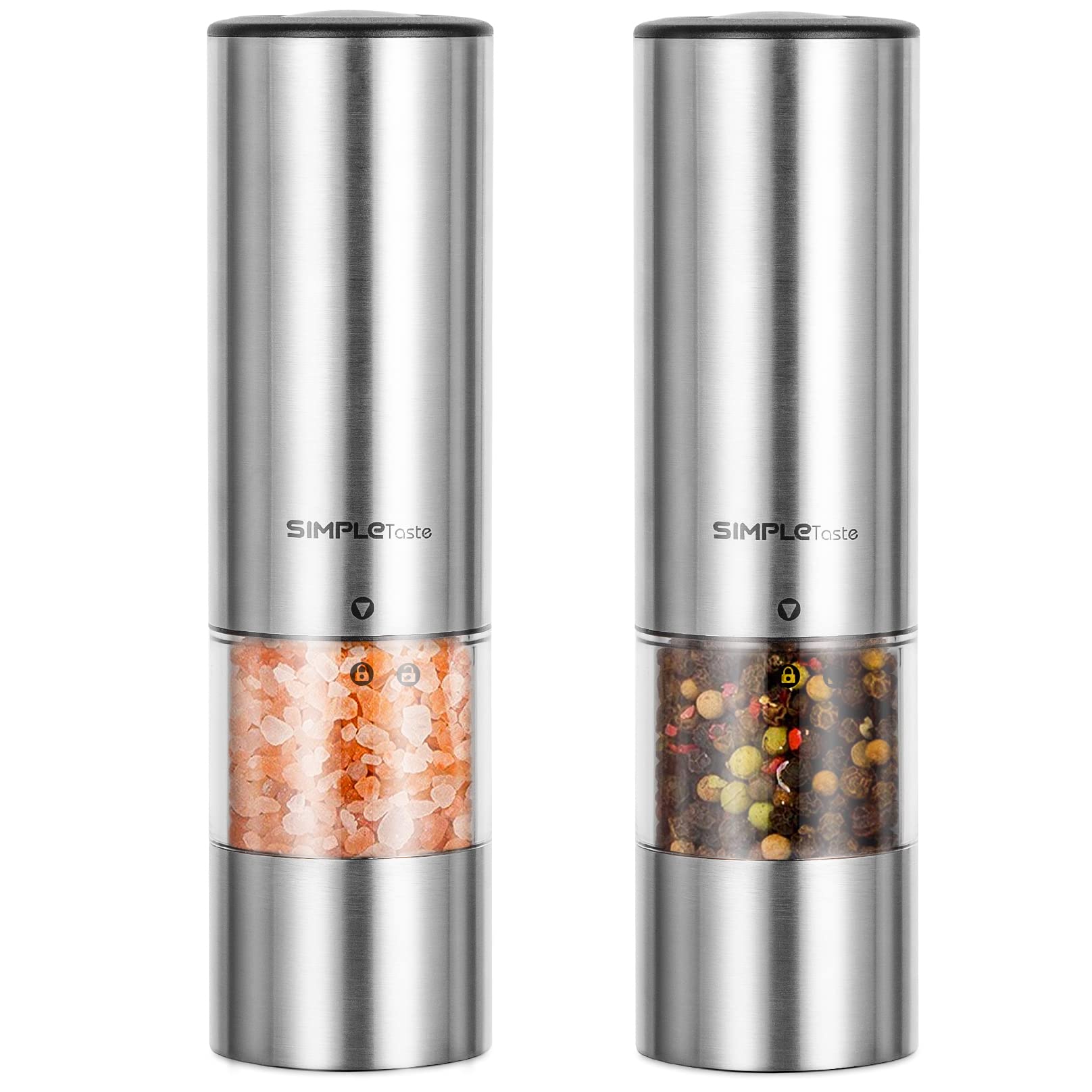 SIMPLETASTE Electric Salt and Pepper Grinder Set - Automatic One-Handed Operation, LED Light & Adjustable Coarseness, Battery-Powered Stainless Steel Mill - Perfect for Kitchen, Dining Table & Outdoor Cooking