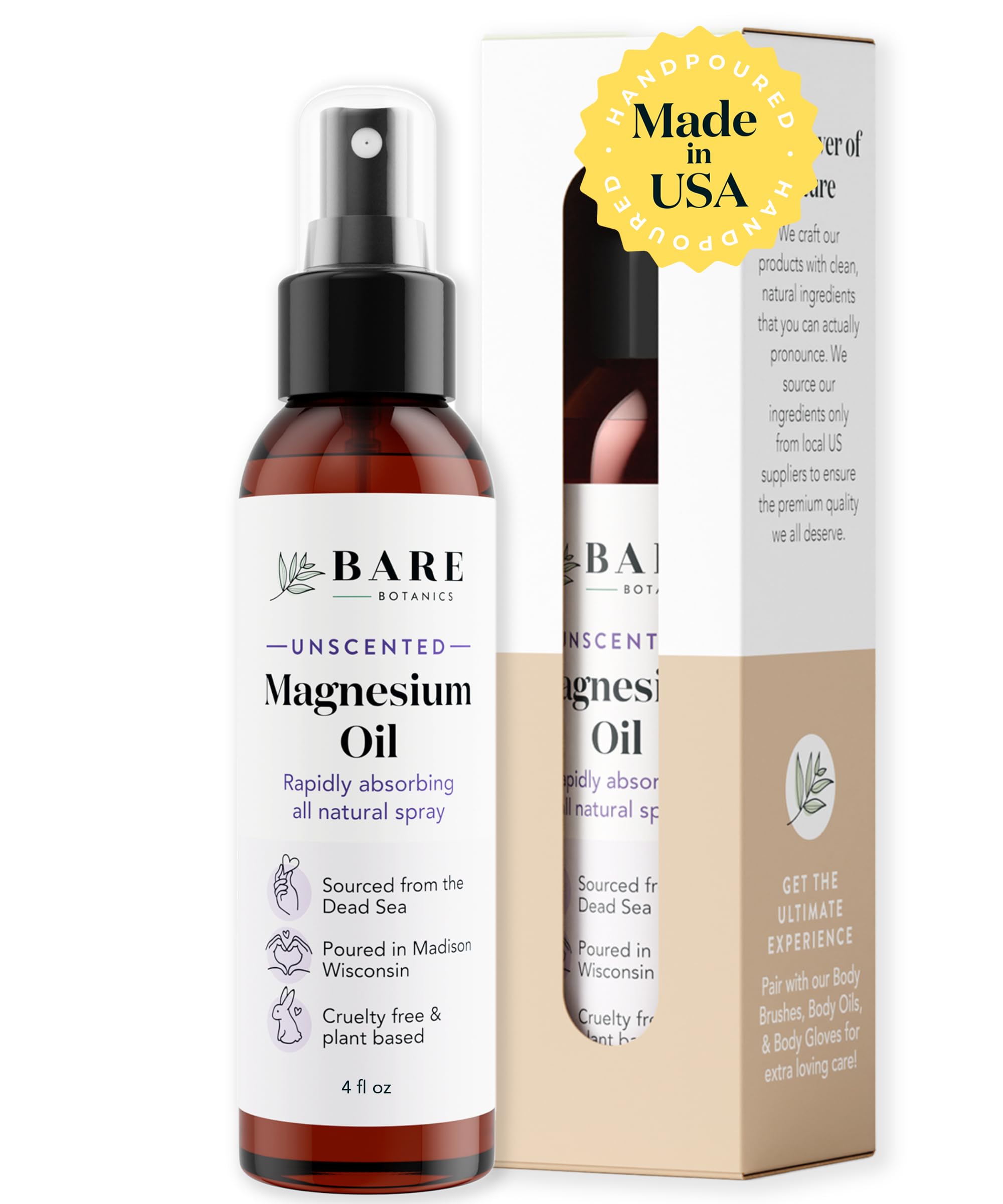 Bare Botanics Unscented Body Oil & 4oz Magnesium Oil Spray Set - Hydrating Skin Care for Dry Skin, Massage & Relaxation - Perfect for Daily Moisturizing & Post-Workout Recovery