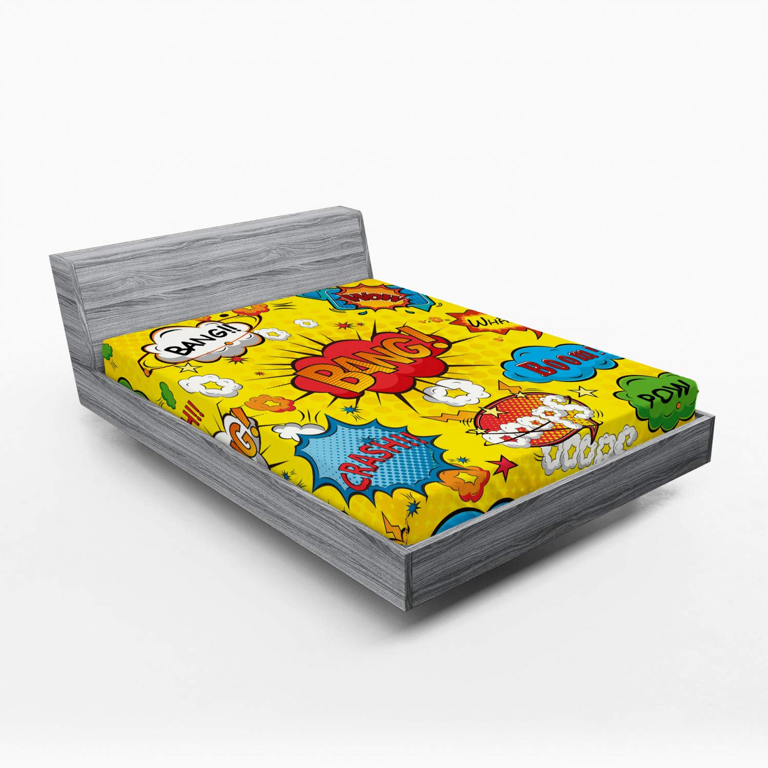 Lunarable Superhero Fitted Sheet - Vibrant Bang Boom Pow Comic Design with All-Around Elastic Deep Pocket | Queen Size Bed Cover for Ultimate Comfort | Perfect for Kids' Rooms, Superhero Themed Bedrooms & Comic Book Lovers