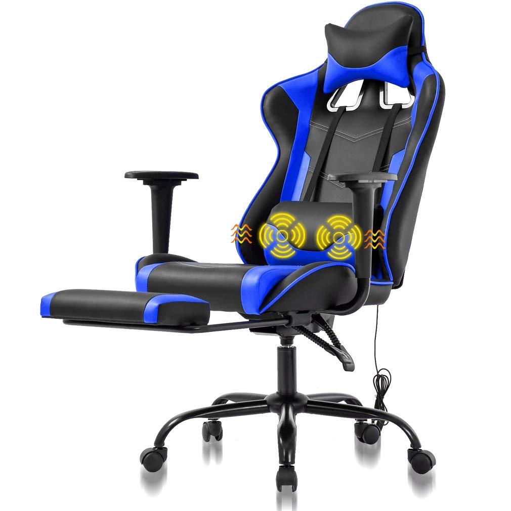 Ergonomic Blue Gaming Chair with Massage Function - Heavy Duty PC Racing Office Chair, Adjustable Lumbar Support, Headrest & Footrest - Perfect for Home Office, Video Gaming & Workstation Use