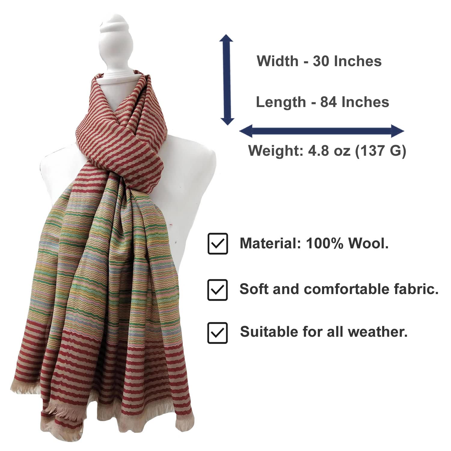 Women's Lightweight Dobby Wool Scarf - Large Striped Shawl Wrap for Sun Protection & Style | Perfect for Outdoor Activities, Travel & Fashion Accessories