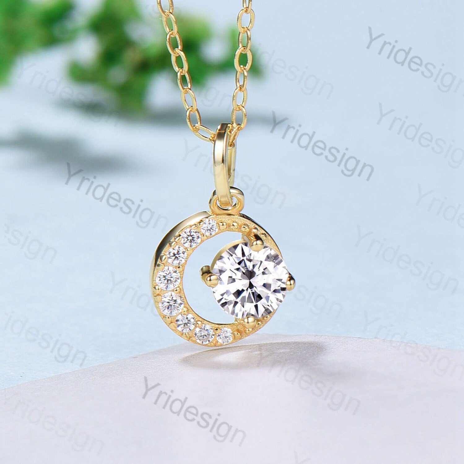 Vintage Moon Pendant Necklace - Dainty Moissanite Silver & Rose Gold Handmade Jewelry for Women | Elegant Engagement Gift, Anniversary Present, Bridal Party, Date Night & Special Occasion Accessory