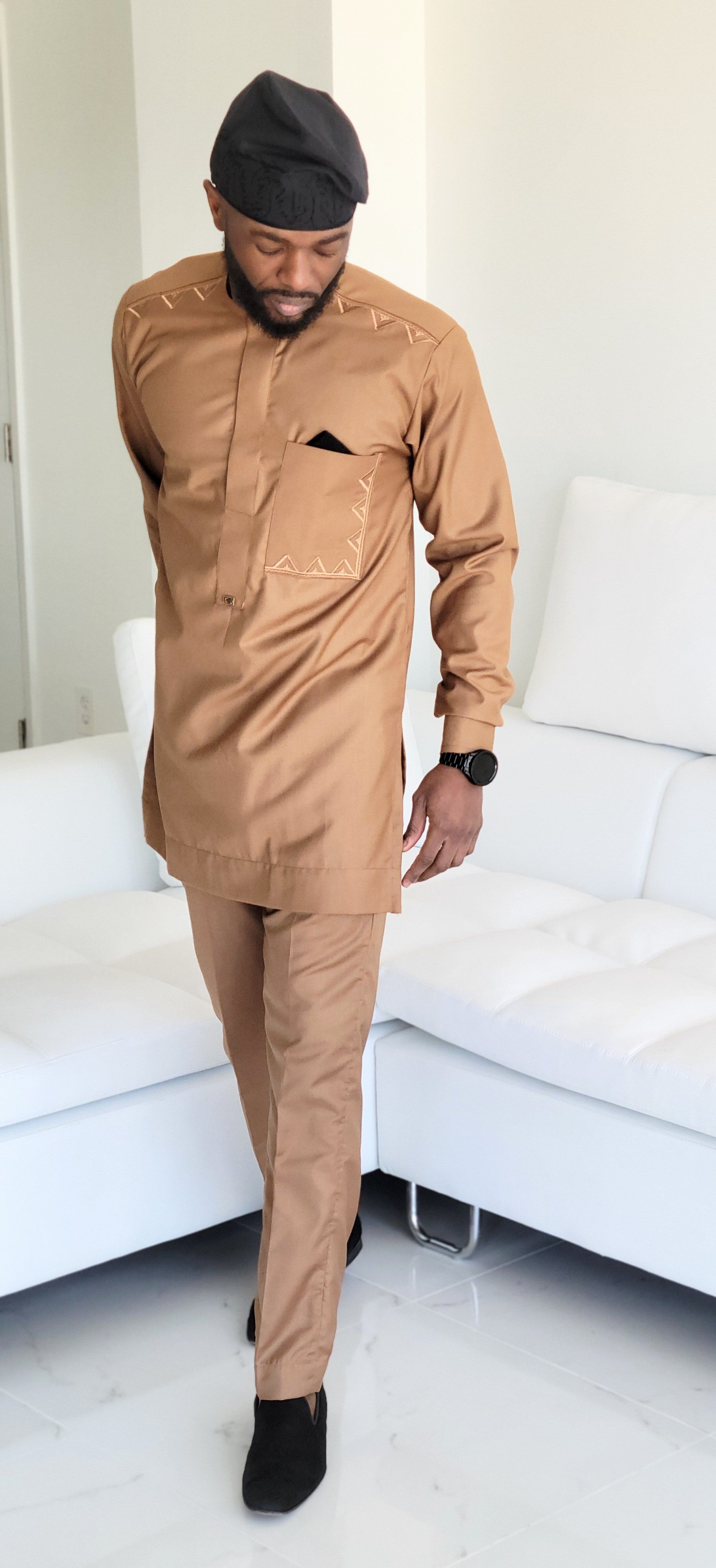 Elegant Brown Embroidered Dashiki Senator Shirt & Drawstring Pants Set | African Print Long Sleeve Outfit for Men | Perfect for Weddings, Parties & Cultural Events | DPASBE3