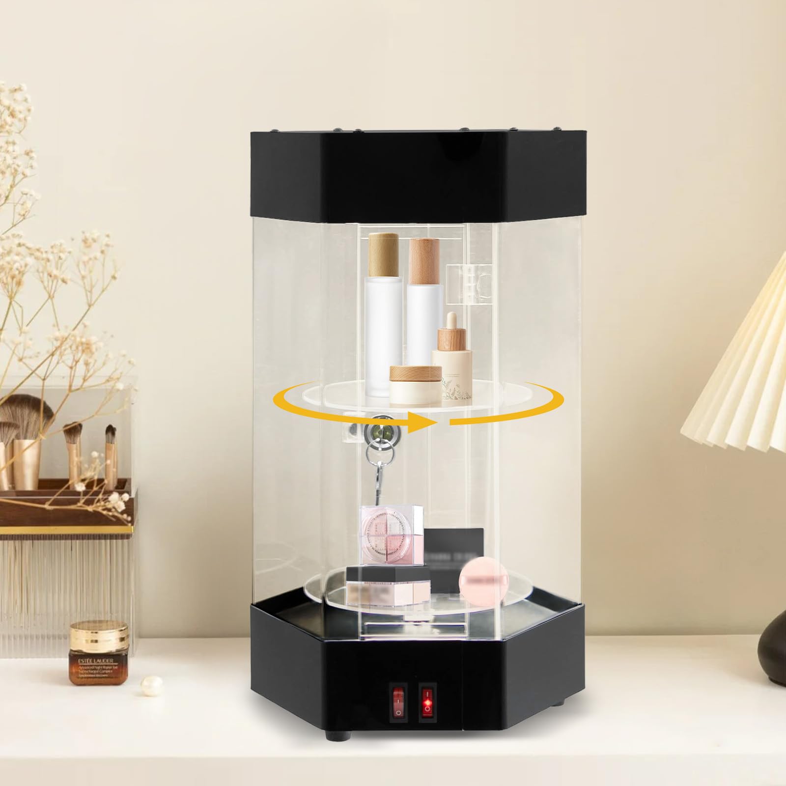 360° Rotating LED Acrylic Display Case with Lock & Keys - 2-Tier Electric Jewelry Showcase for Watches, Sunglasses & Cosmetics | Perfect for Retail Stores, Boutiques and Trade Show Displays