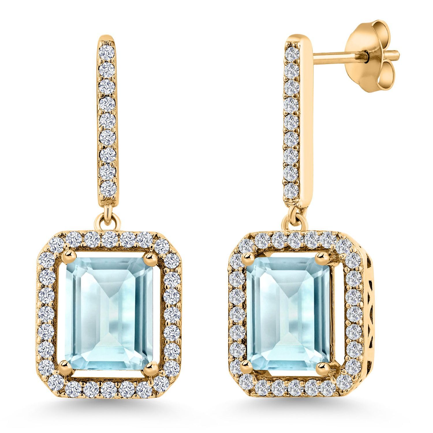 6.27 Ct Emerald Cut Sky Blue Topaz Earrings in 18K Yellow Gold Plated Silver - Elegant Gemstone Jewelry for Women, Perfect for Weddings, Parties & Special Occasions