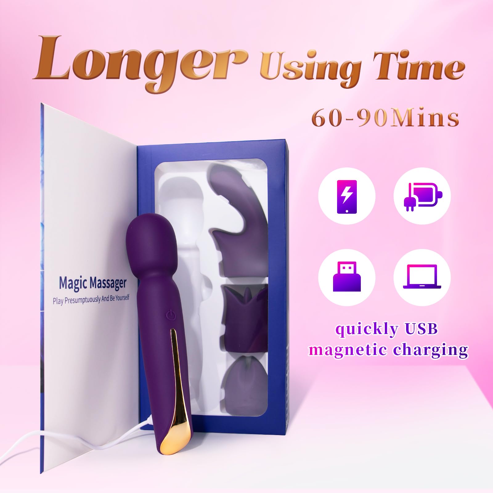 NightWind 4-Piece Silicone Wand Vibrator Kit - 10 Powerful Vibration Modes for G-Spot, Clitoral & Anal Stimulation - Ultra Quiet & Soft Adult Sex Toy for Women - Perfect Gift Box for Couples & Solo Play (Ideal for Bedroom Fun, Relaxation & Intimate Moments)