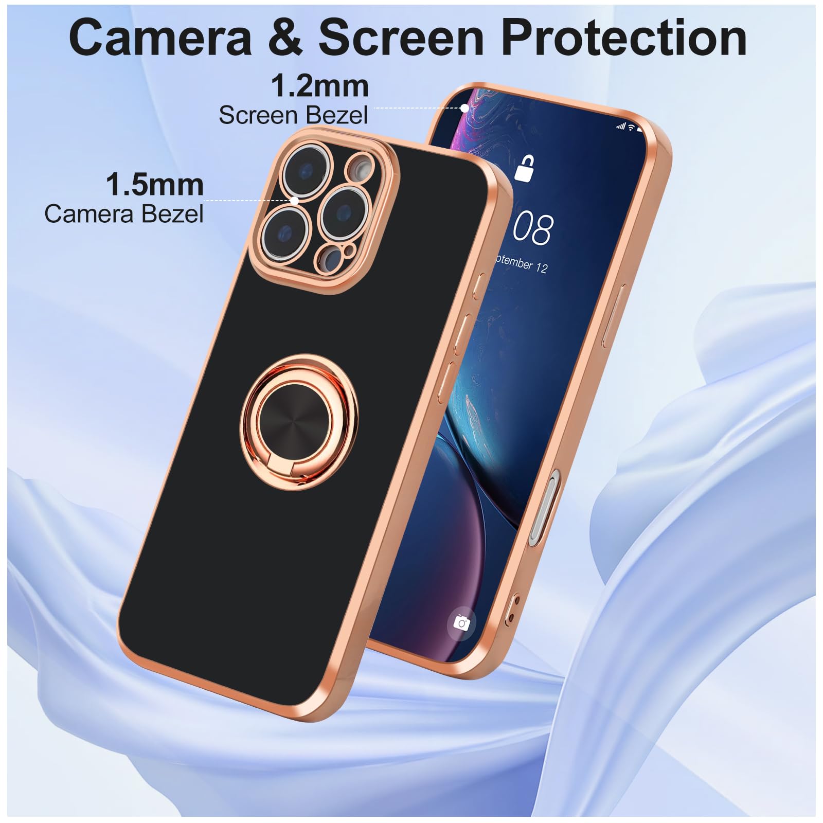 Premium Gold Plated iPhone 16 Pro Max Case (6.9 inch) with Foldable Ring Stand - Slim Soft Protective Cover in Black Gold | Perfect for Work, Travel & Everyday Use