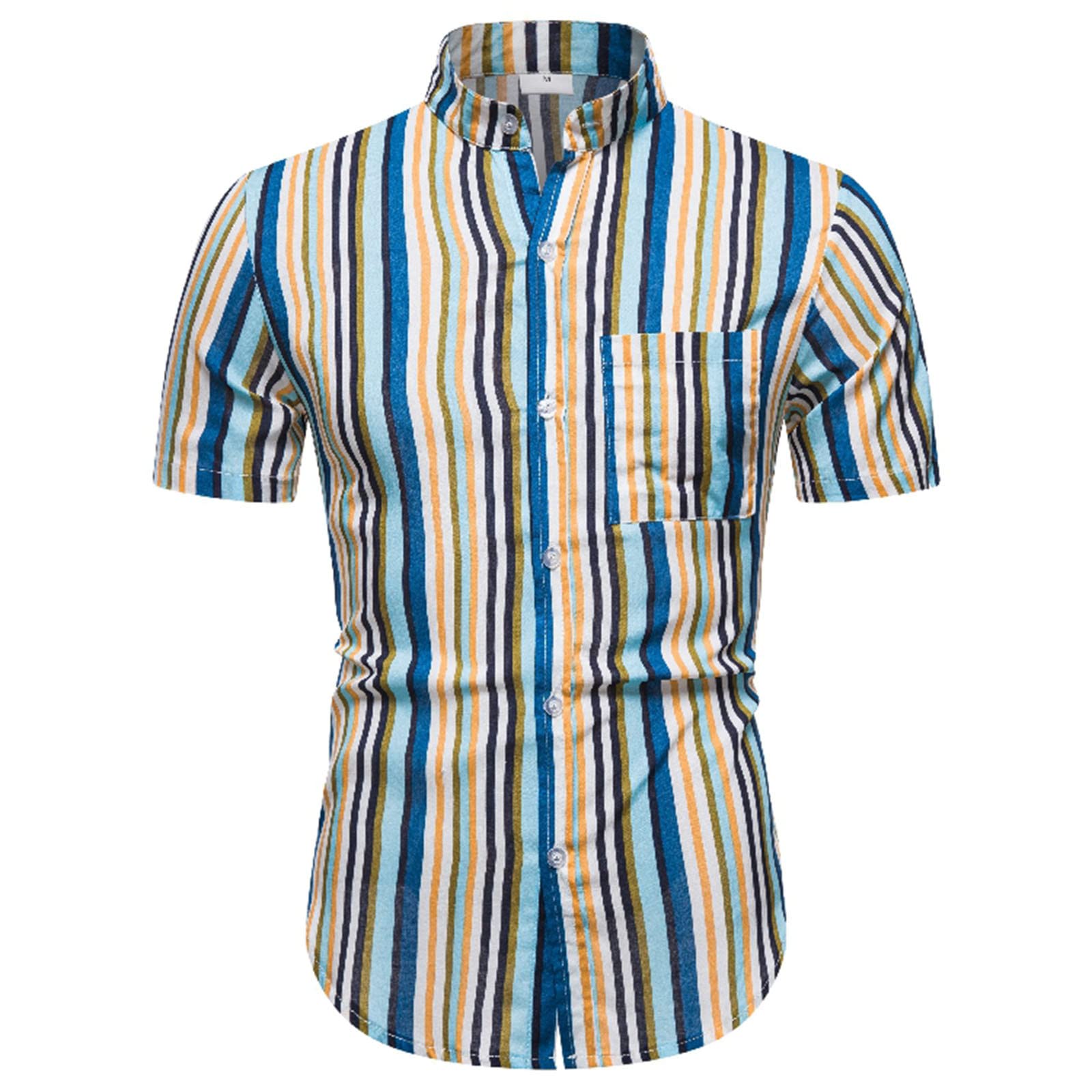 JUNGE Men's Slim Fit Striped Short Sleeve Button Down Dress Shirts | Hawaiian Beach Shirt | Casual Summer Office & Vacation Wear | Spread Collar Blouse Tops for Outdoor Parties & Tropical Getaways