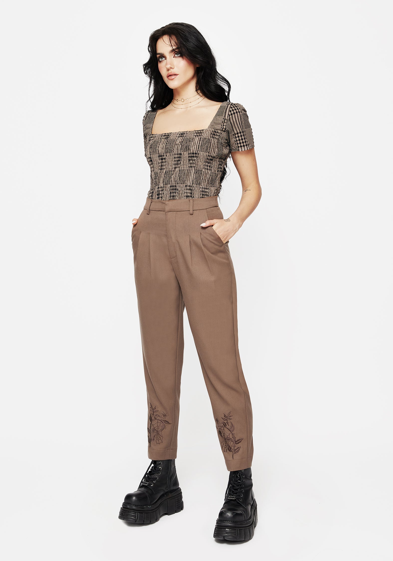Hazel Embroidered Slim Tailored Trousers for Women - High Waisted Office Pants with Floral Embroidery - Perfect for Business Casual & Formal Workwear