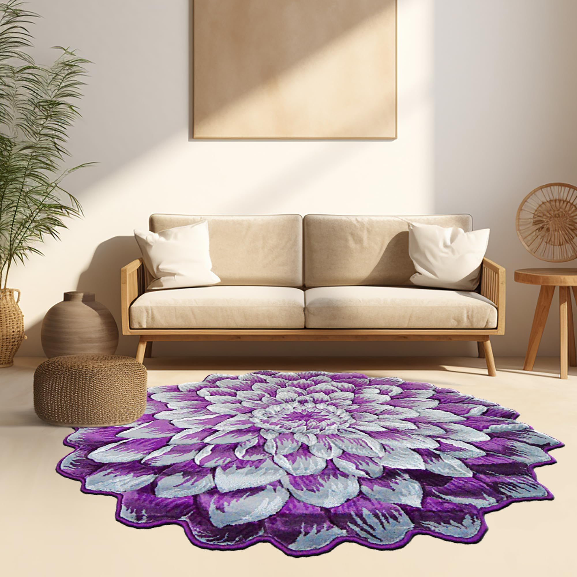 5ft Round Flower Shaped Area Rug - Soft Plush Circle Carpet for Bedroom, Living Room & Nursery - Girly Home Decor in 303 Purple - Perfect for Boho Chic Interiors & Cozy Floor Seating