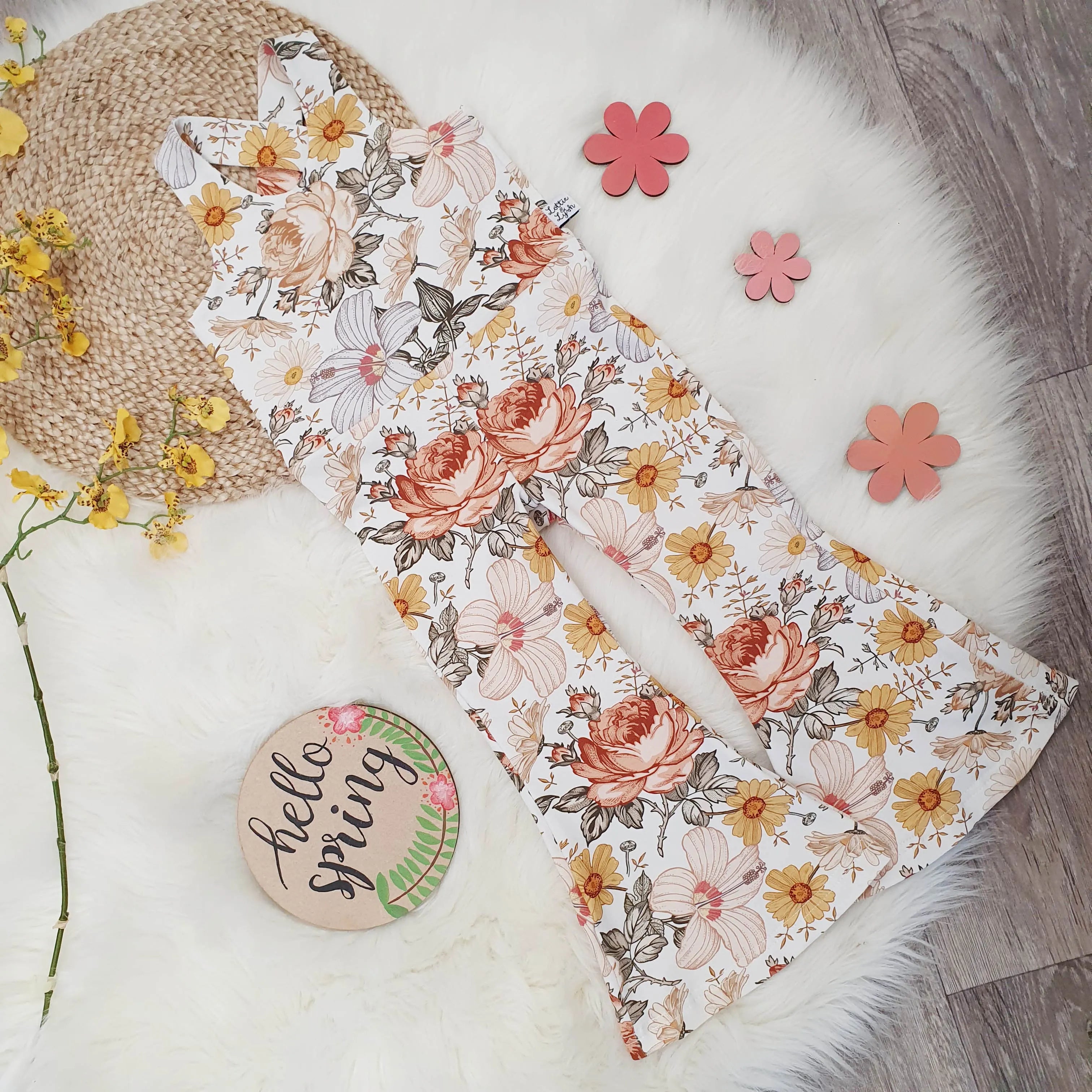 Retro Flared Jumpsuit for Kids - Vintage Style Chamomile Rose Print Romper | Perfect for Birthday Parties, Photo Shoots & Casual Playdates