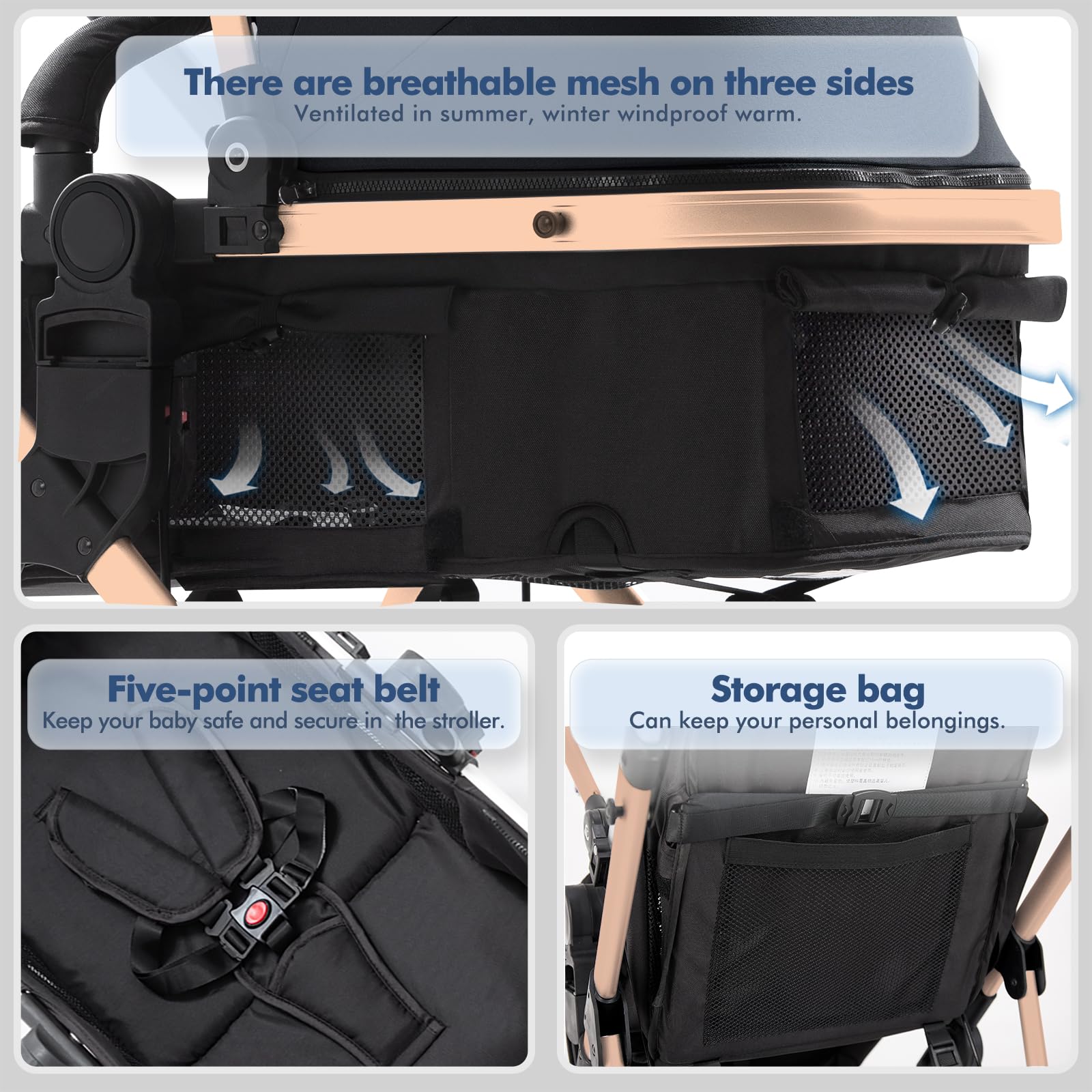 Blahoo Baby Stroller for Toddlers - Lightweight Foldable Aluminum Alloy Bassinet Pushchair with Adjustable Backrest & Reversible Seat | Perfect for Newborns, Infants & Travel | Gold & Black Design