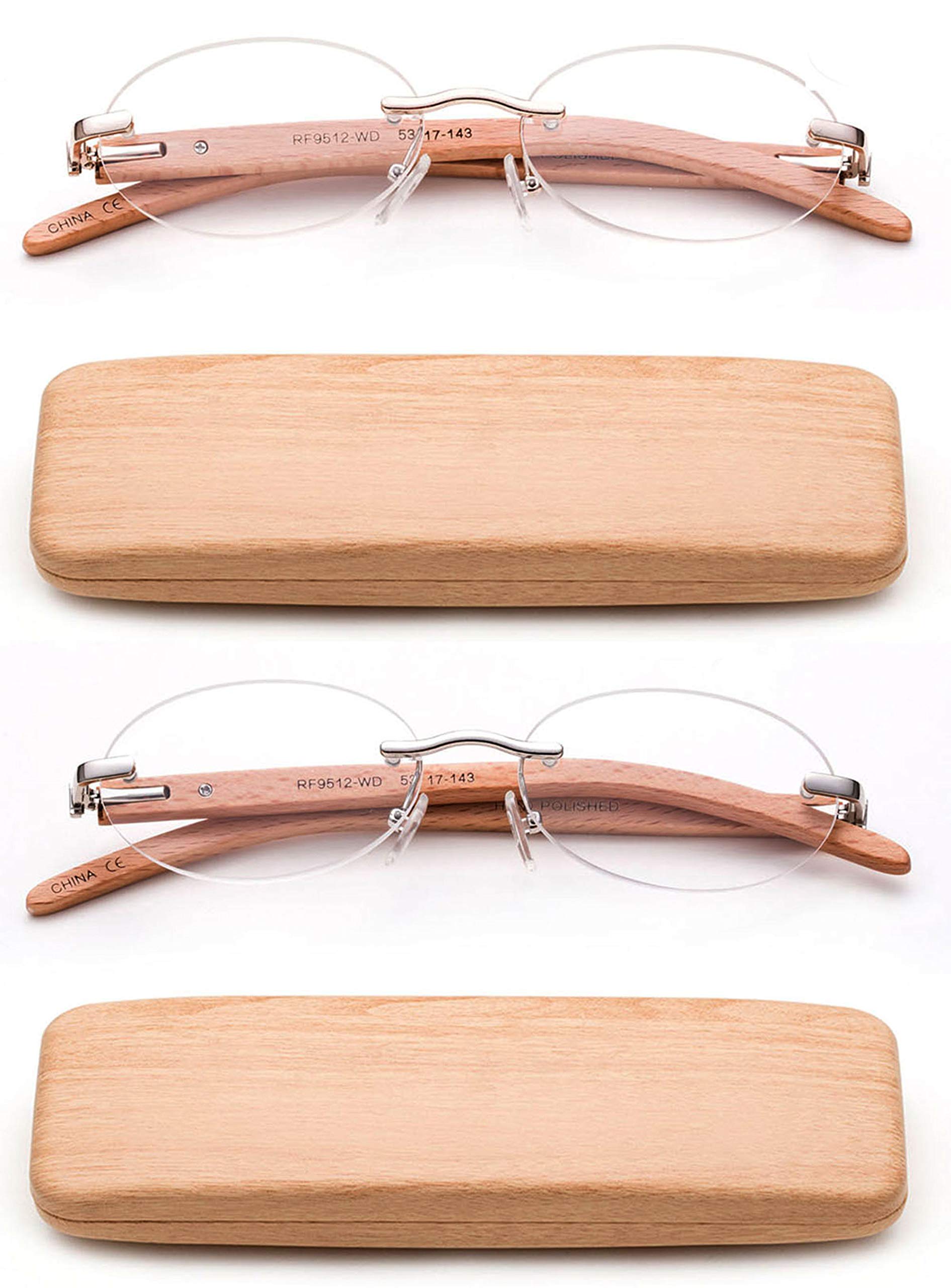 Newbee Fashion 2 Pack Lightweight Real Wood Reading Glasses - Stylish Rimless Oval Frame with Spring Hinge for Comfort - Includes Protective Case | Perfect for Reading, Office Work & Daily Use - Women's Fashion Eyewear