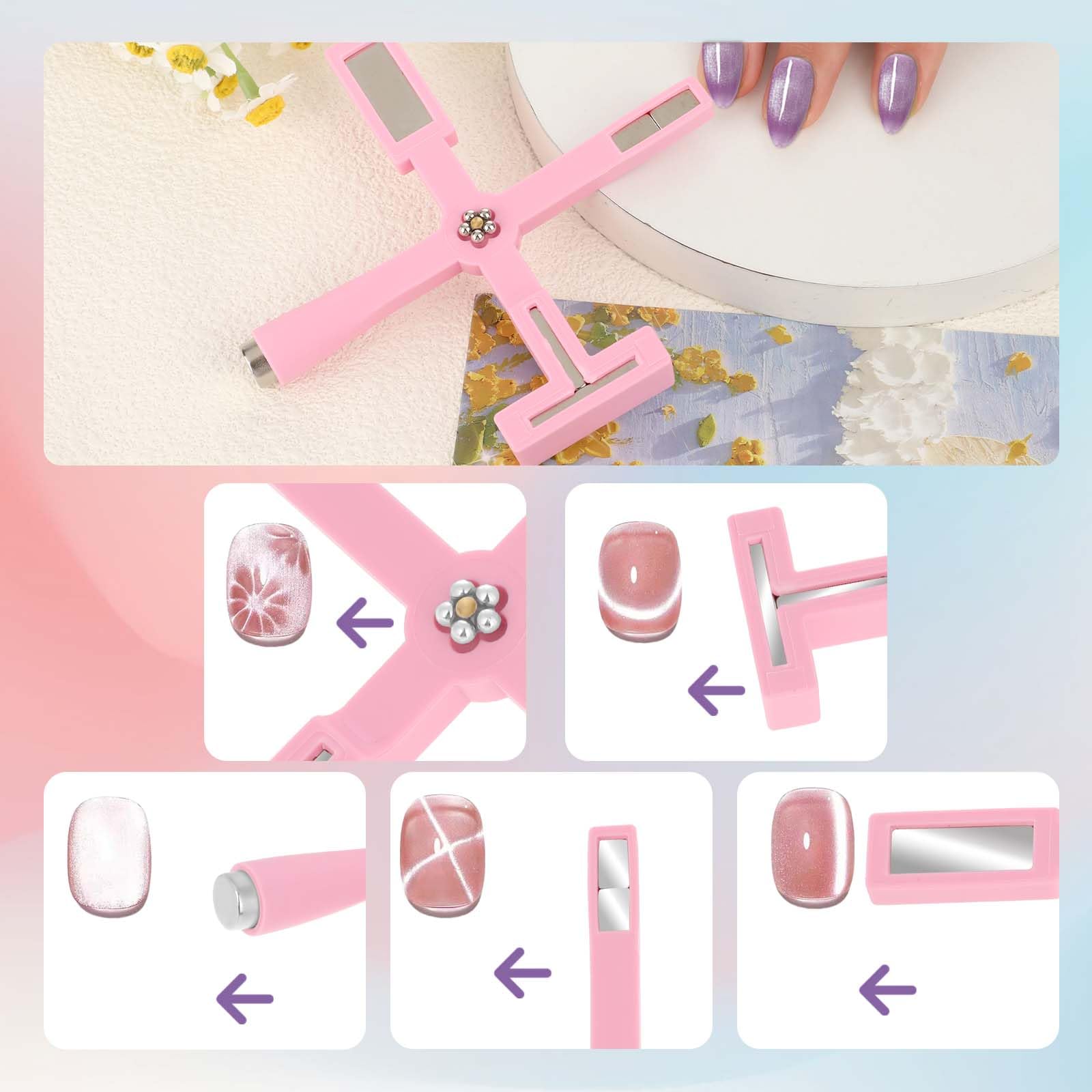 5-in-1 Multi-Function Nail Art Magnet Tool - Cat Eye Nail Design Magnet for Salon & Home Manicure | Professional DIY Nail Art Accessories for Stunning Gel Polish Effects (Pink) | Perfect for Nail Salons, Home Manicures & Creative Nail Art Designs