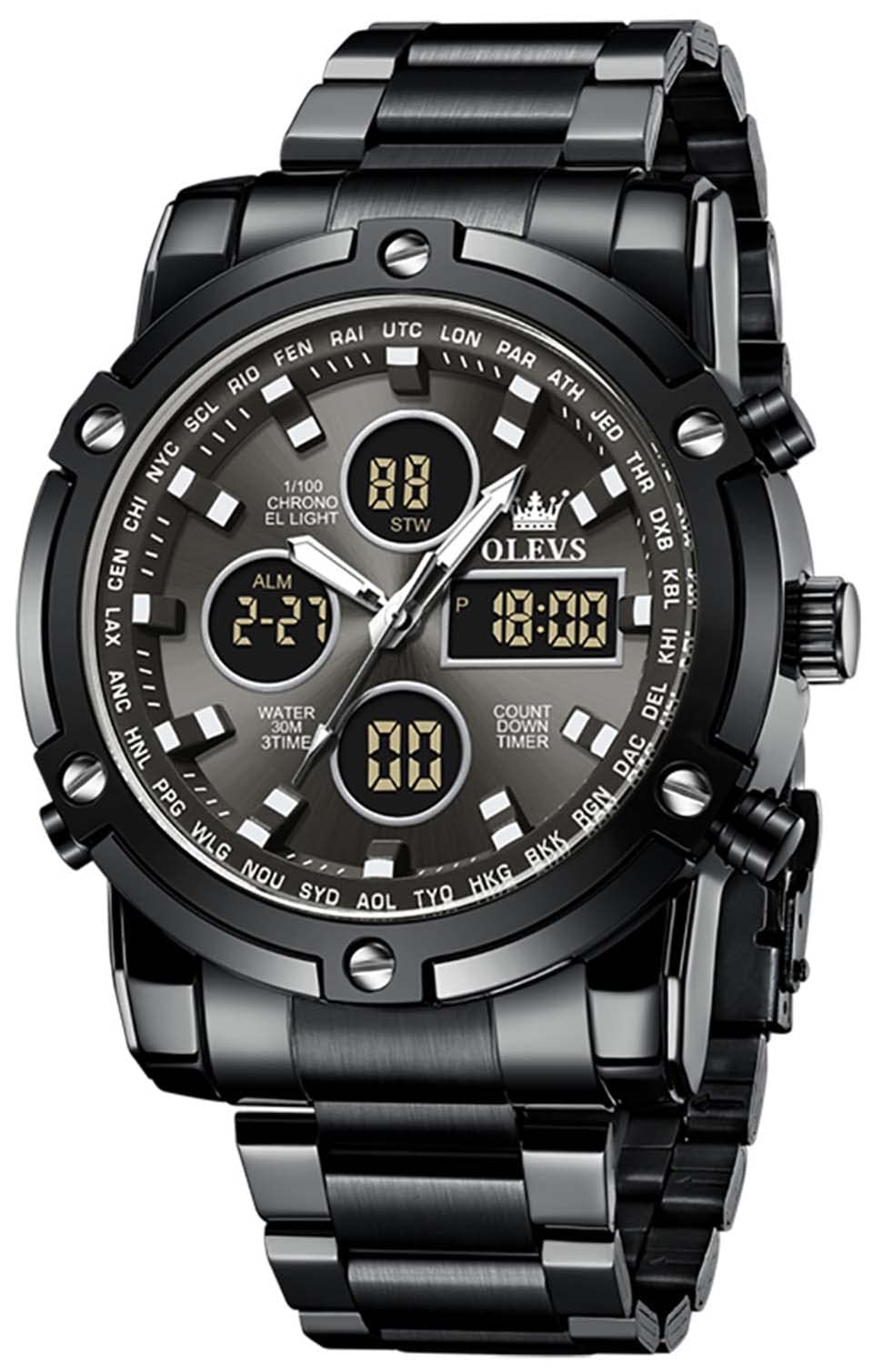 OLEVS Men's Chronograph Watch - LED Analog Digital Stainless Steel Wristwatch with Day Date Alarm, Luminous & Waterproof - Perfect for Business, Casual Wear & Outdoor Activities