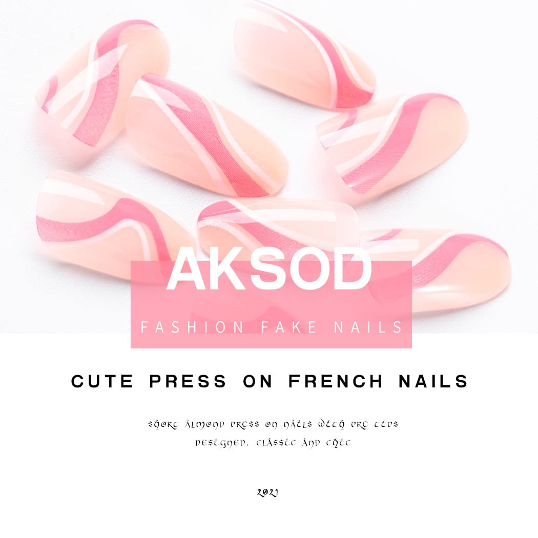 Elegant Abstract Line Press on Nails - Almond Medium French Fake Nails with Glossy Pink Design - 24Pcs Full Cover Artificial Nails for Women & Girls - Perfect for Parties, Weddings, and Daily Fashion