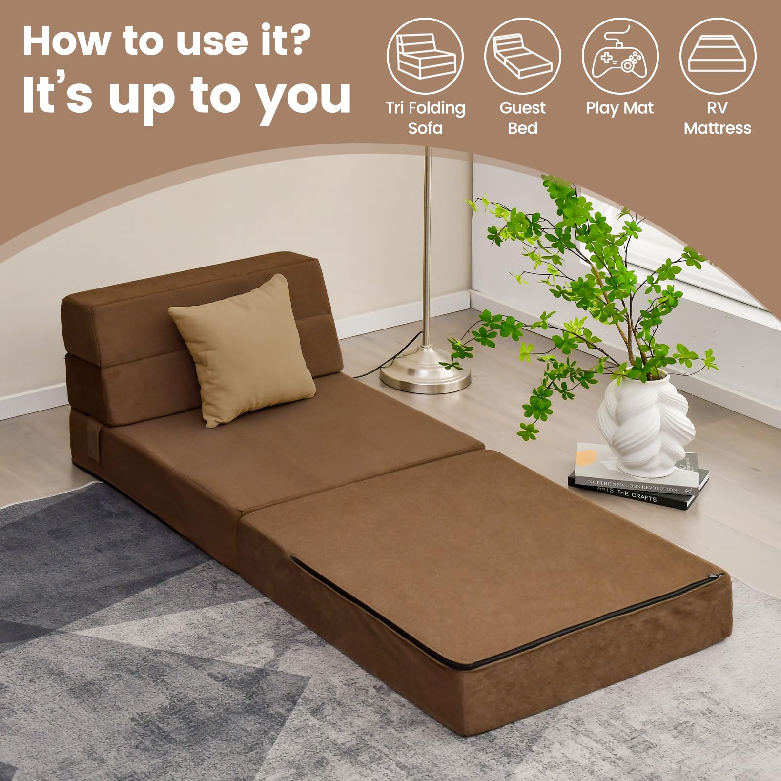 Casart Tri-Fold Sofa Bed - Portable Folding Foam Sleeper with Washable Cover, Guest Chaise Lounge & Padded Cushion - Coffee Color - Perfect for Small Spaces, Guest Rooms & Apartments