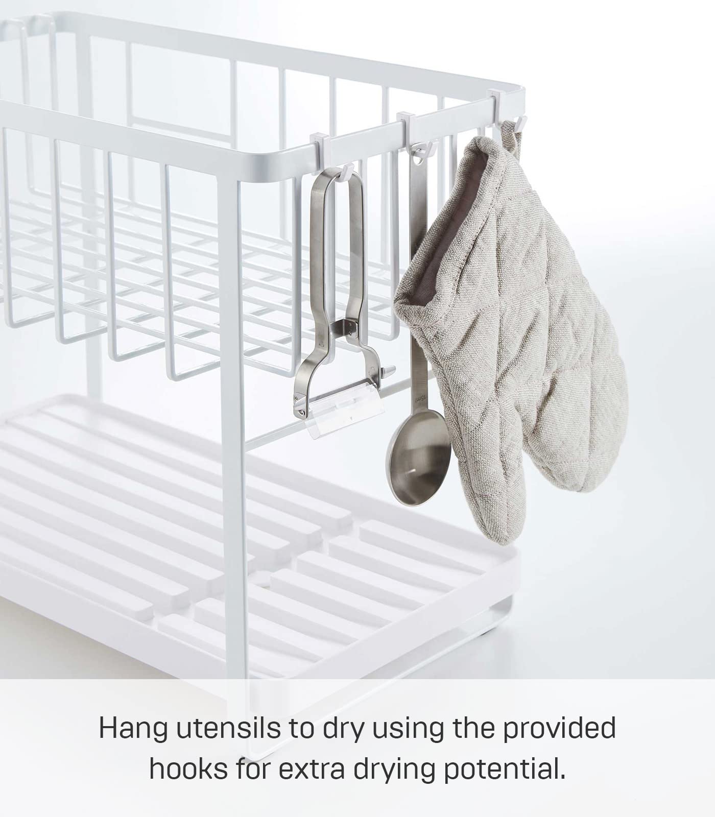 Yamazaki Home Two-Tier Adjustable Dish Drying Rack - Compact Steel Kitchen Organizer with Hooks & Utensil Holder - Water Resistant, No Assembly Required - Perfect for Small Spaces, Countertop Organization & Dish Drainage - White