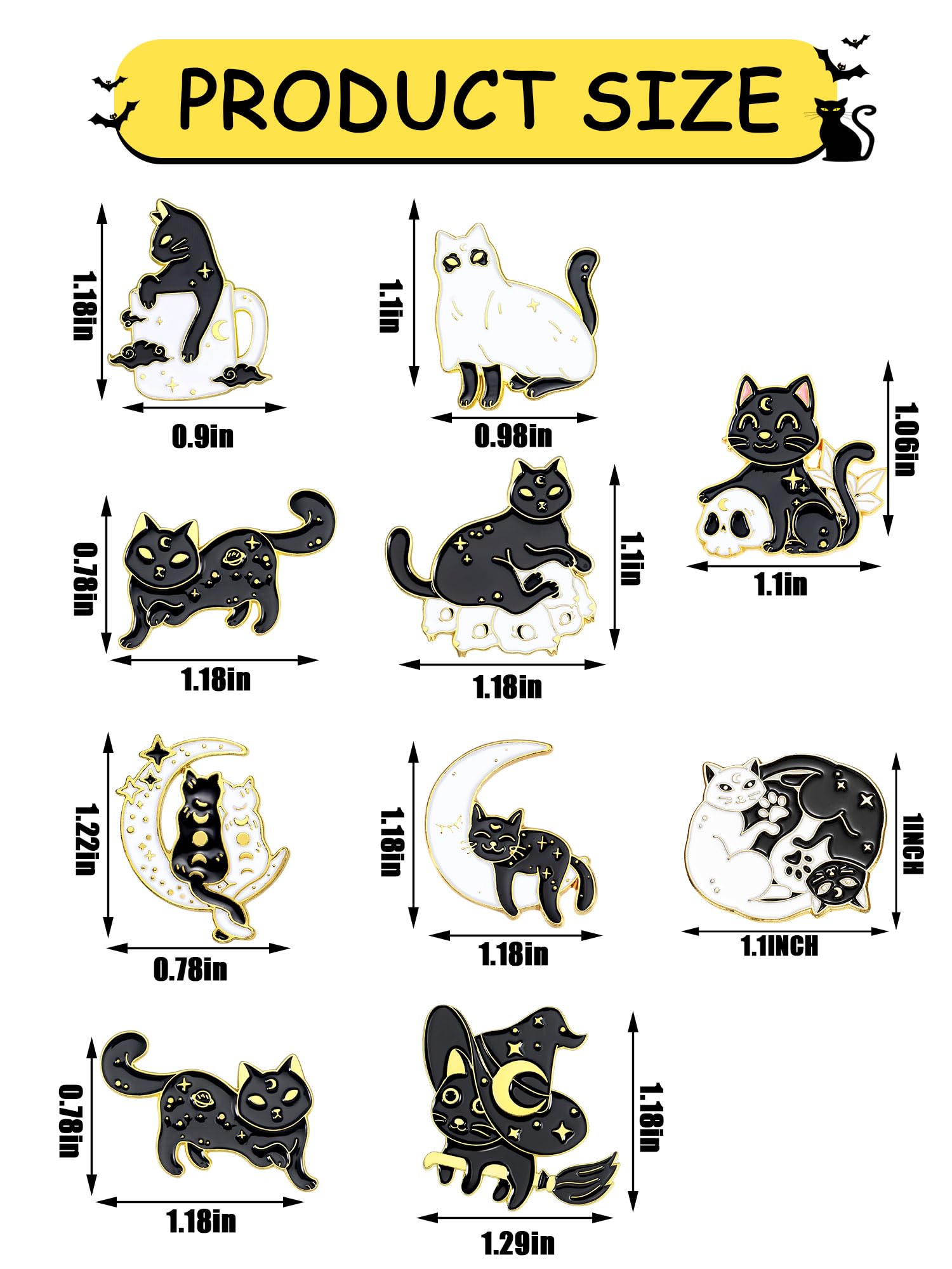 10Pcs Cute Cat Brooch Pins - Kawaii Black Cat Book Pins for Backpacks, Clothing & Bags - Gothic Aesthetic Lapel Pins for Women & Men - Perfect DIY Gifts for Cat Lovers (Great for Jackets, Denim & Accessories)