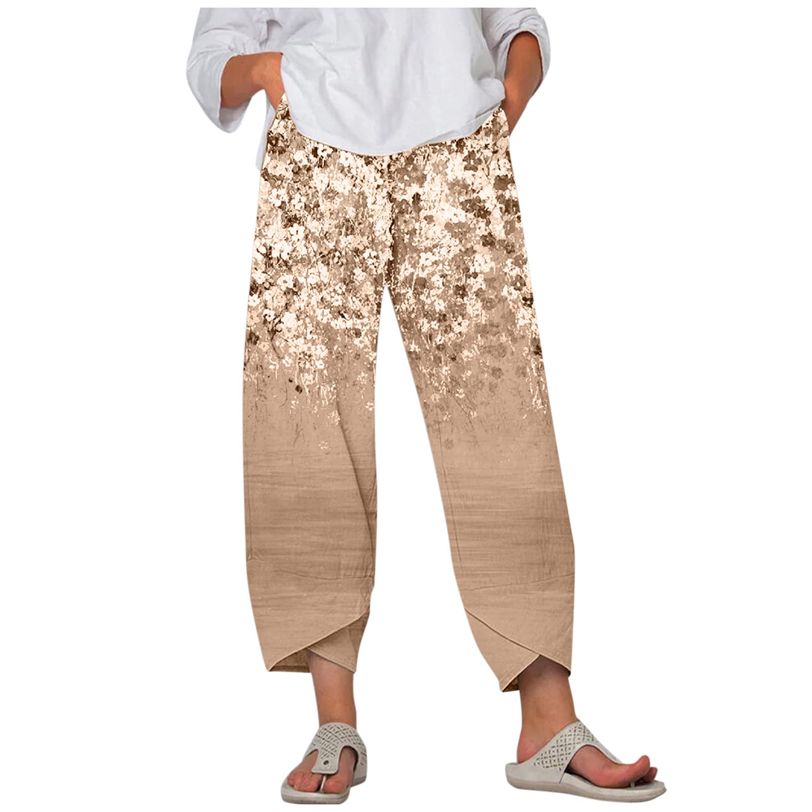 RIZI Women's Floral Print Wide Leg Elastic Waist Casual Pants - Stretchy Work Pants for Office, Travel & Everyday Wear
