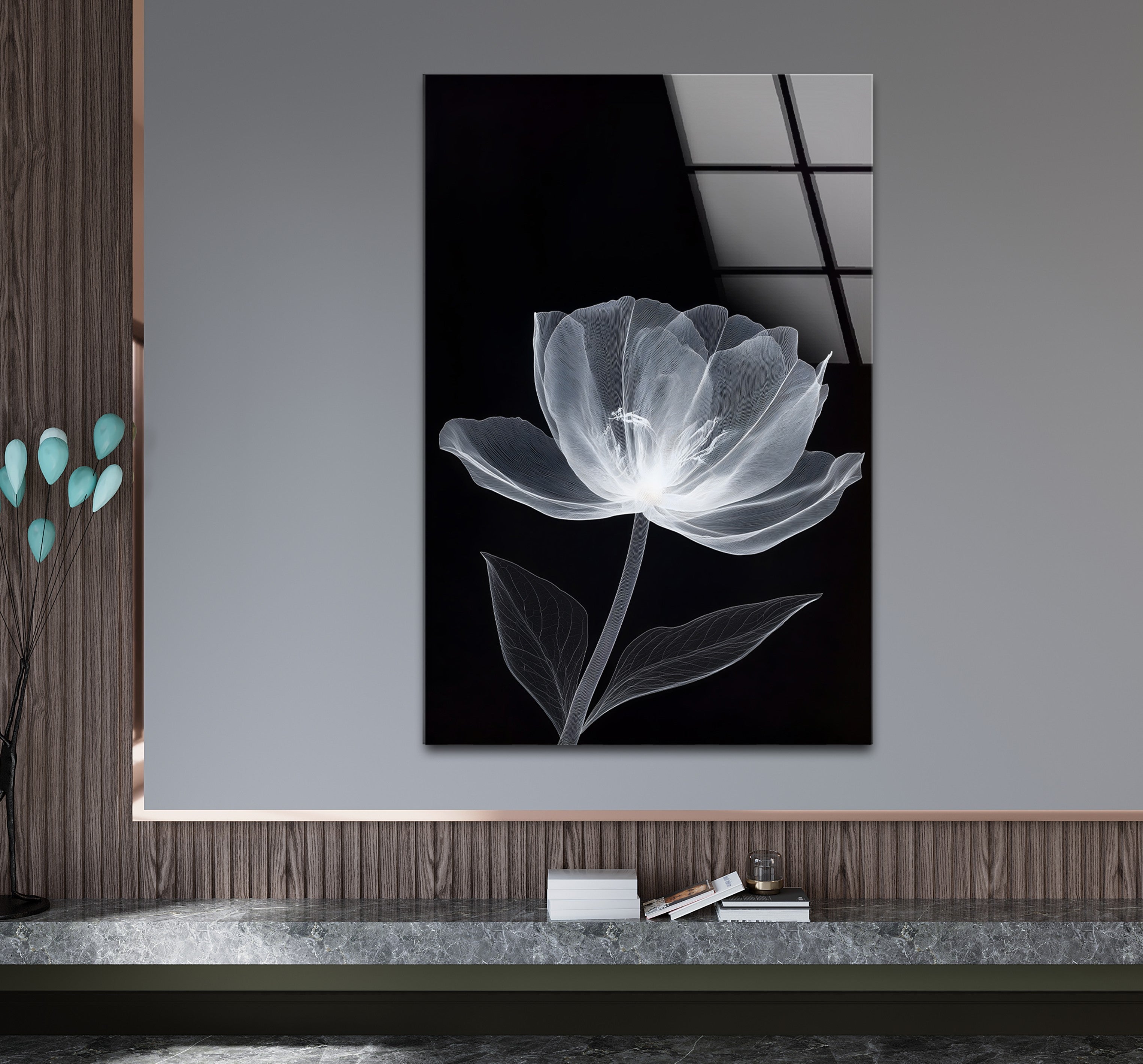 Black and White Minimal Floral Glass Wall Art - Modern Home Decor for Living Room, Bedroom & Office - Elegant Framed Glass Painting for Housewarming Gifts