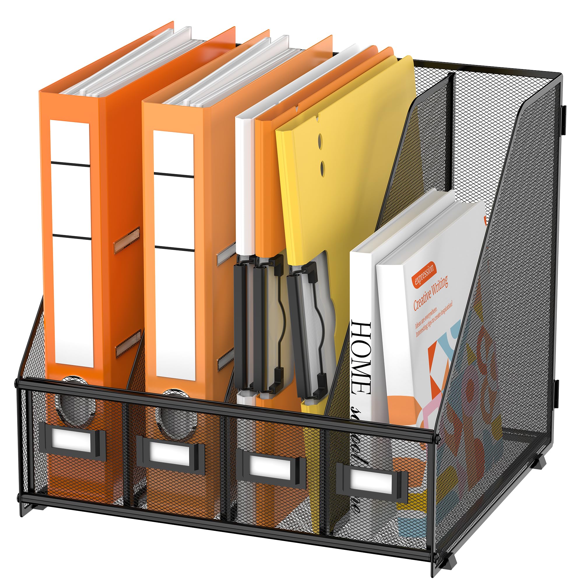 DALTACK 4-Compartment Metal Mesh Magazine File Holder | Vertical Desk Organizer for Paper, Letter, Mail, Binder & Book Storage - Black | Perfect for Office, Home & School Organization