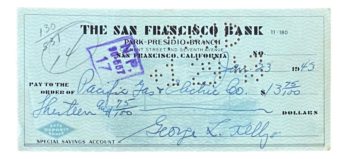 George Kelly New York Giants Autographed Signed Bank Check Dated January 23, 1943 - Rare Sports Memorabilia for Collectors & Fans