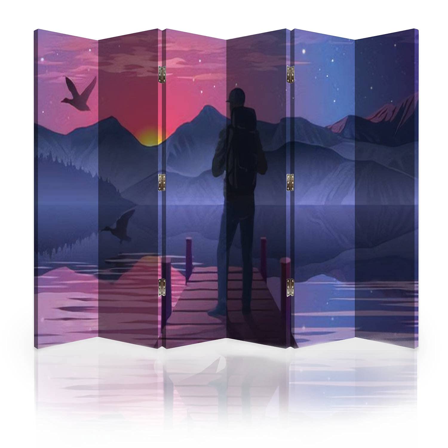 6-Panel Canvas Room Divider Screen - 'Man on The Pier Admiring The Sunset' Artwork - Folding Privacy Partition Wall for Home & Office Decor | Perfect for Living Rooms, Bedrooms, and Studio Spaces