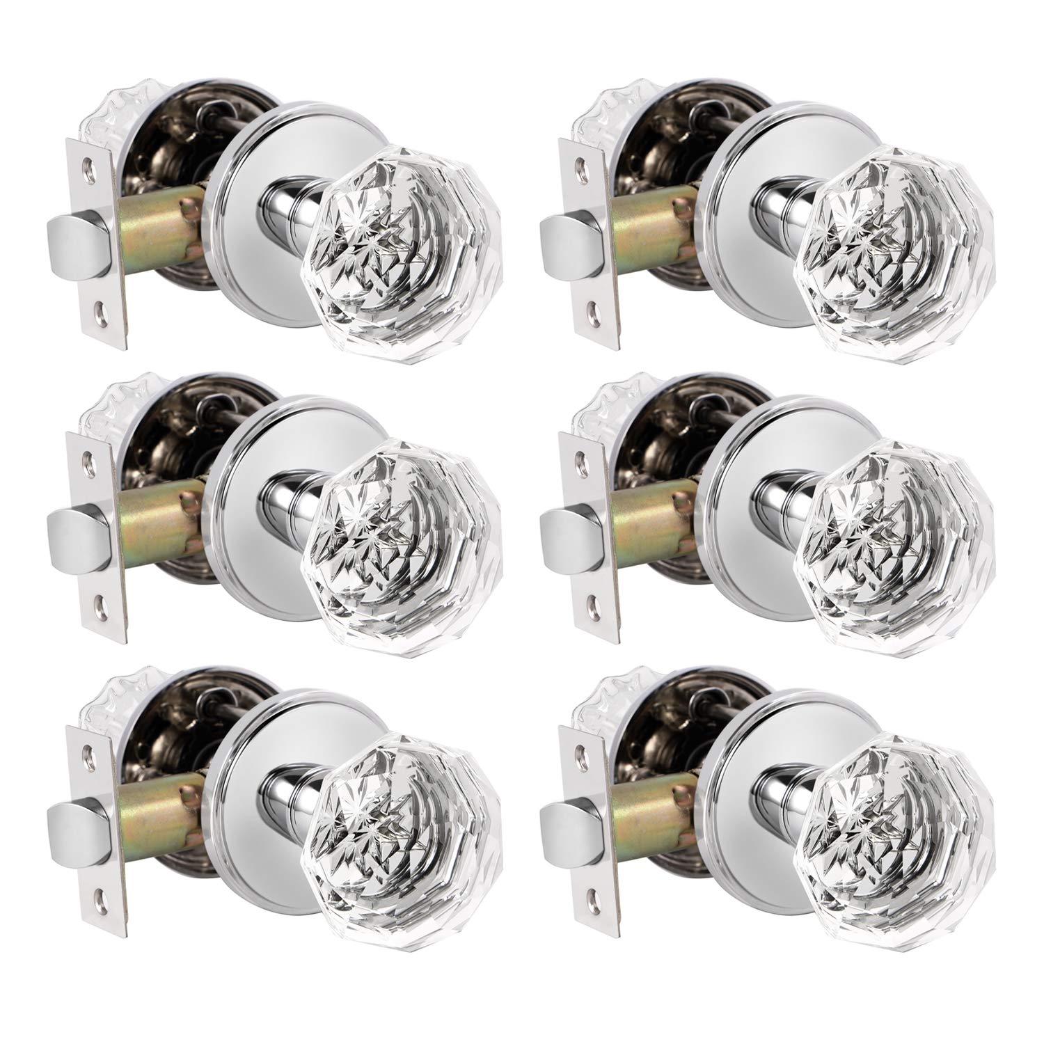(6 Pack) Knobelite Crystal Glass Passage Door Knobs Set - Keyless Round Interior Door Knobs for Hall, Closet & Bedroom Doors - Modern Polished Chrome Design - Perfect for Home, Office & Hotel Interior Doors