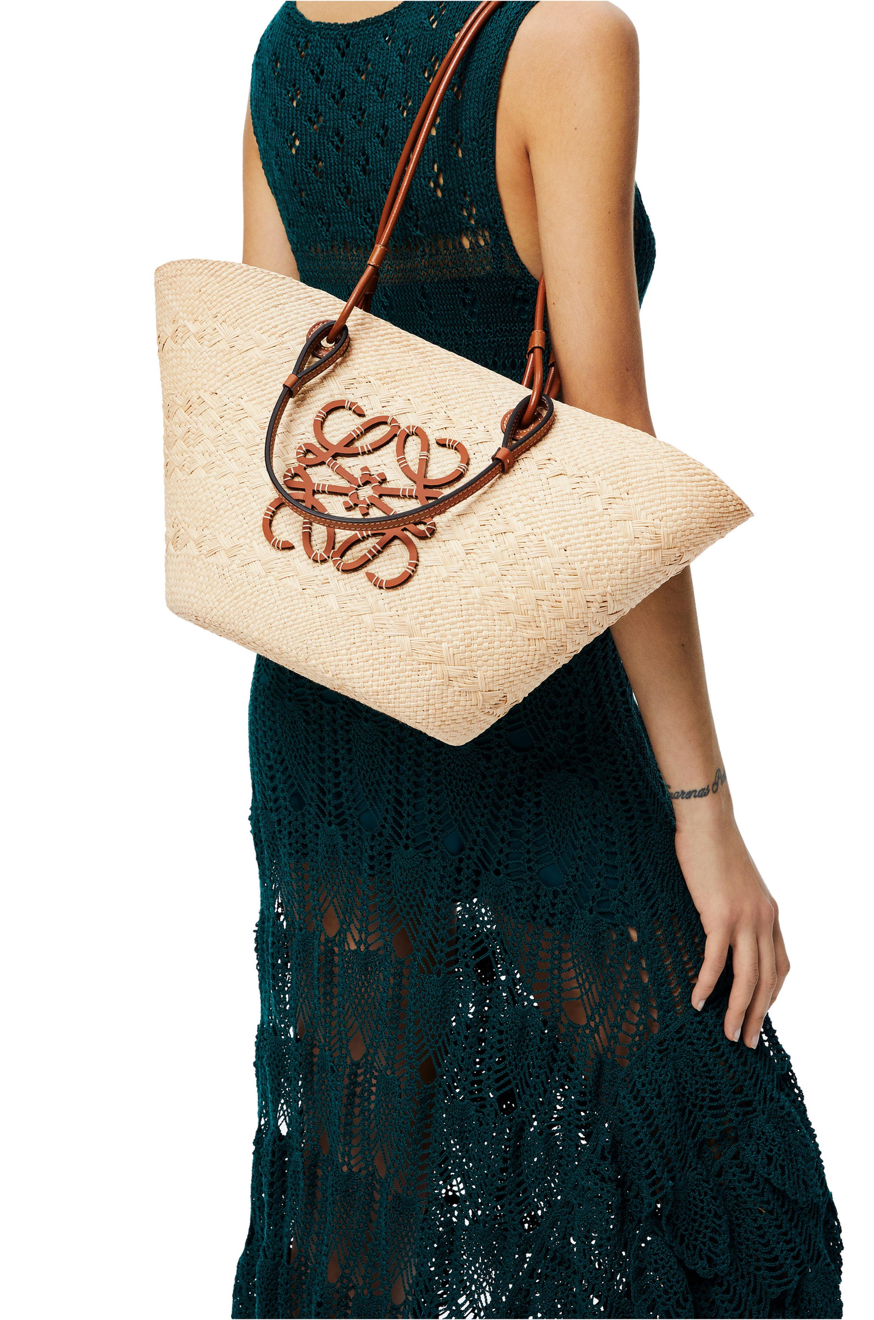 Premium Medium Iraca Palm & Calfskin Anagram Basket Bag - Stylish & Durable Handwoven Tote for Women, Perfect for Shopping, Beach & Everyday Use