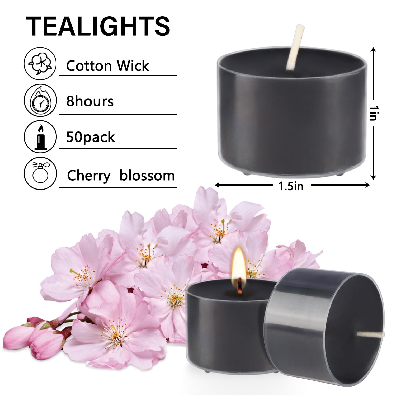 50 Pack Clear Tealight Candles - Cherry Blossom Scented, Smokeless, 8 Hour Burn Time for Weddings, Parties & Emergency Use - Romantic Ambiance & Home Decor (Black)