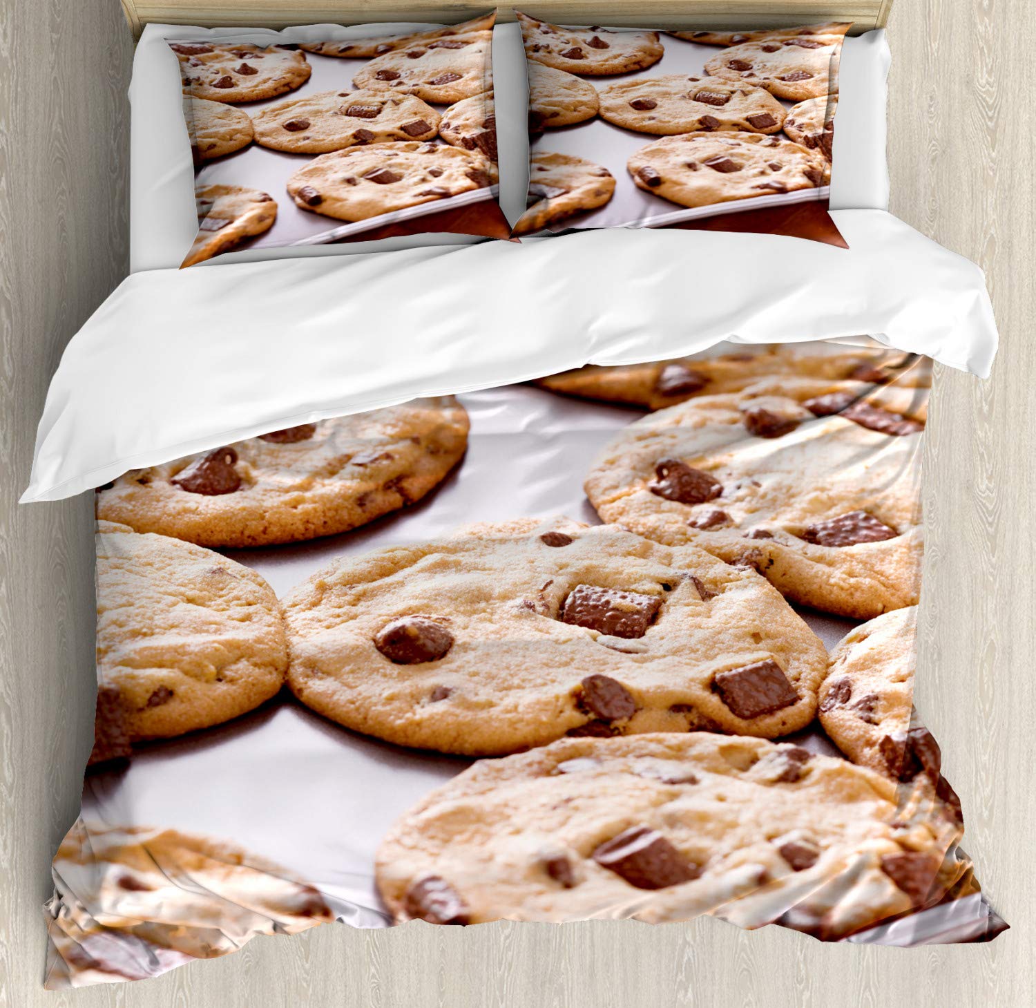 Ambesonne King Size 3-Piece Duvet Cover Set with 2 Pillow Shams - Chocolate Chip Cookie Baking Theme, Multicolor Printed Bedding for Sweet Dreams & Cozy Baking-Themed Bedroom Decor