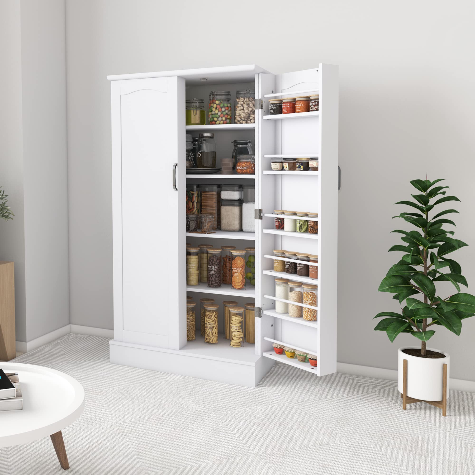Jehiatek 47” White Freestanding Kitchen Pantry Cabinet with Adjustable Shelves & Doors - Perfect for Kitchen, Living Room, and Dining Room Storage Solutions
