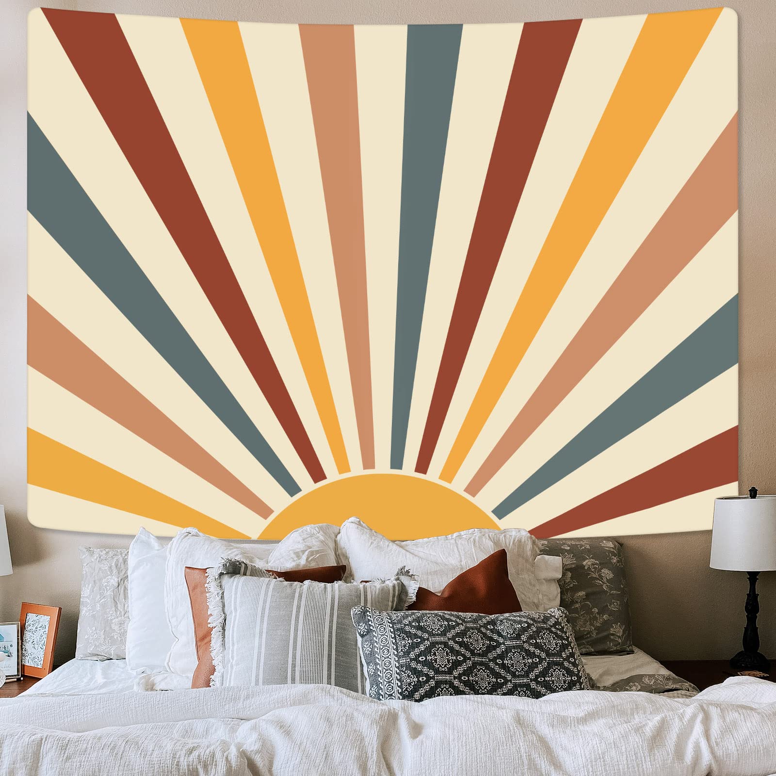 Vintage Boho Sun Tapestry Wall Hanging - 60x50 Inch Rainbow Abstract Tapestry for Bedroom Decor, Bohemian Aesthetic Room Decor, Yellow Retro Wall Art - Perfect for Dorm, Living Room & Festival Decor