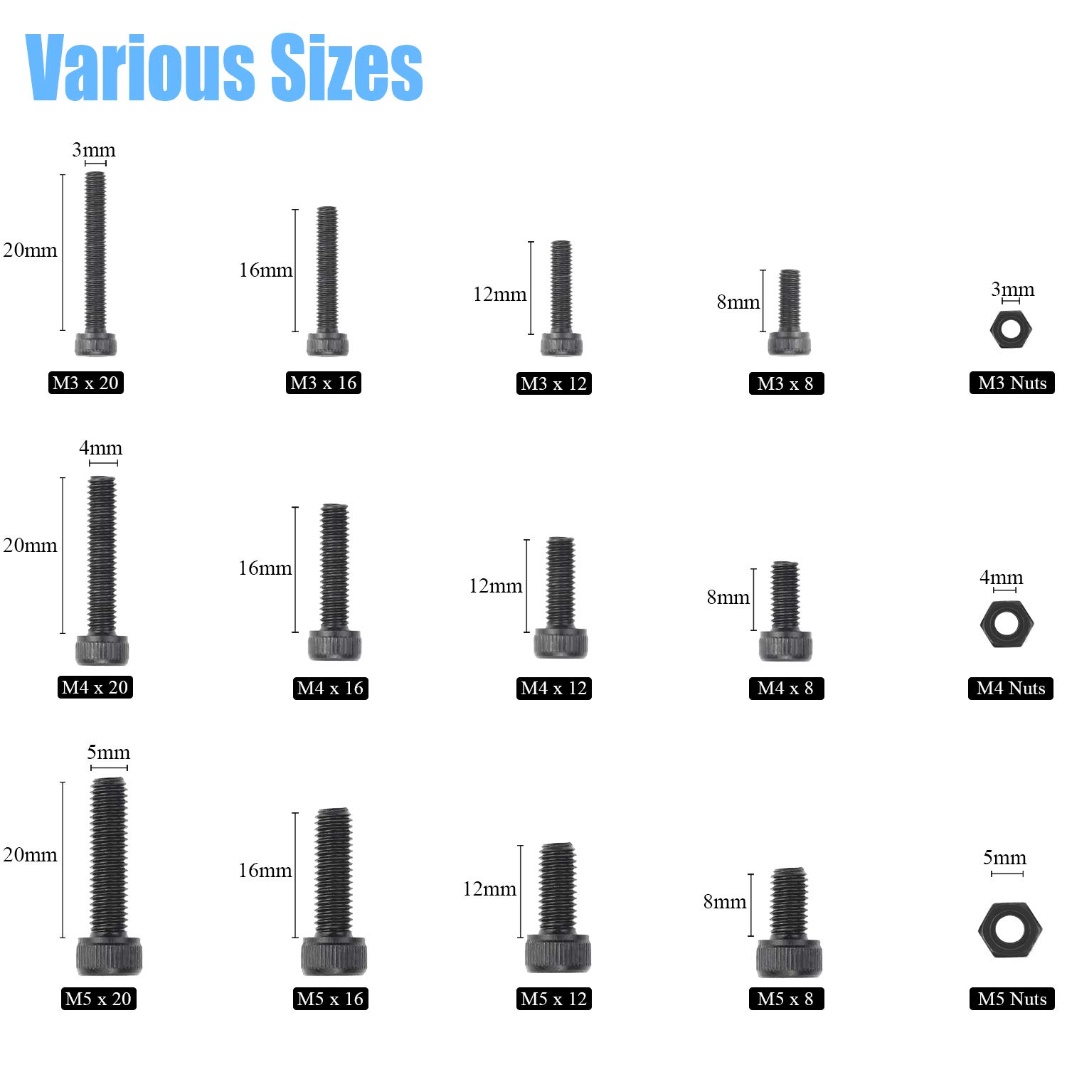 DYWISHKEY 500pcs M3-M5 12.9 Alloy Steel Hex Bolt Nut Kit with Wrenches for DIY & Repair
