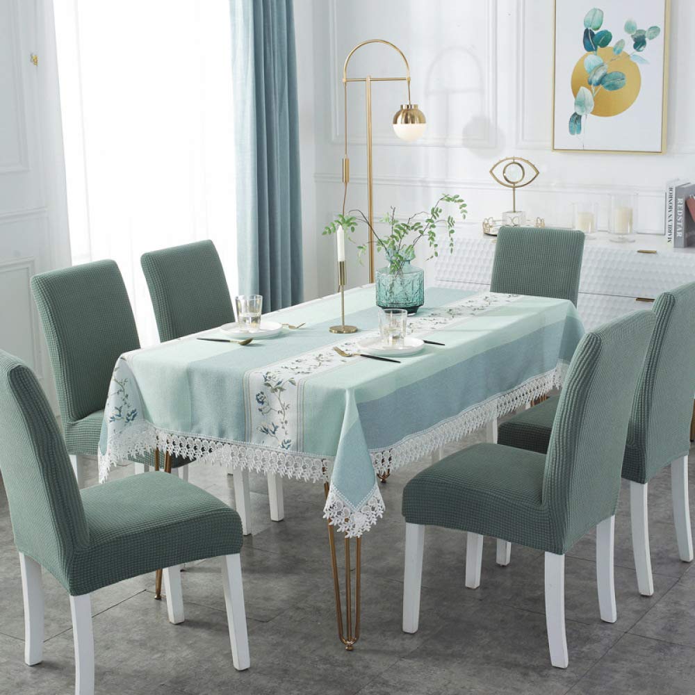 Nordic Cotton Linen Tablecloth Set - Rectangle Printed Table Cover with Lace Trim, Dustproof Dining Table Cloth for Wedding, Home Decor, Party (Includes Single Stretch Chair Cover) - Perfect for Dining Room, Kitchen, and Special Occasions