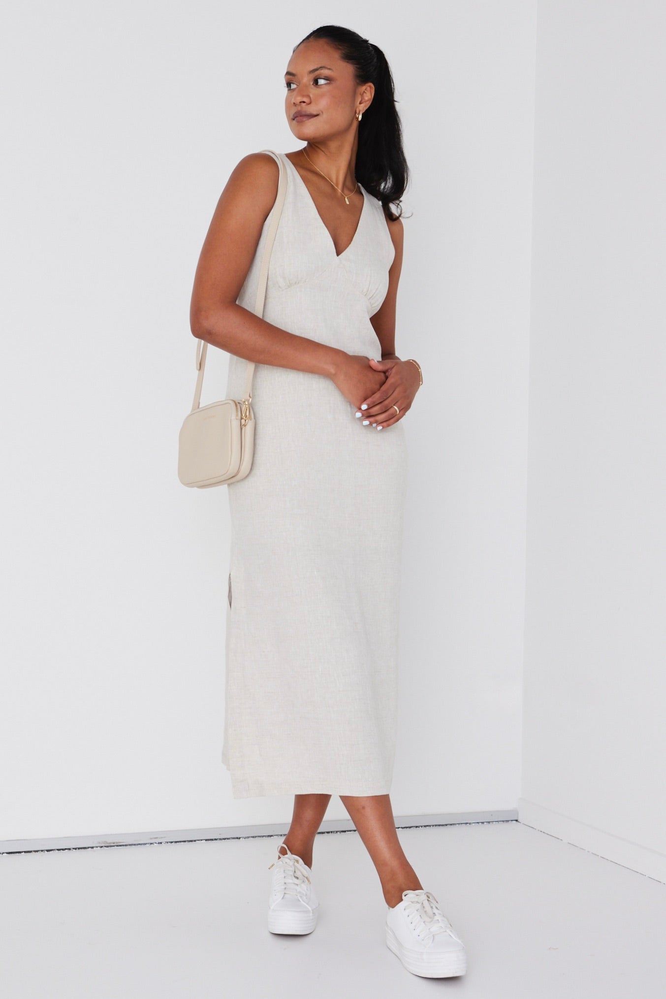 Azalea Natural Linen Sleeveless Empire Midi Dress - Women's Summer Boho Style Dress for Beach, Vacation & Casual Wear
