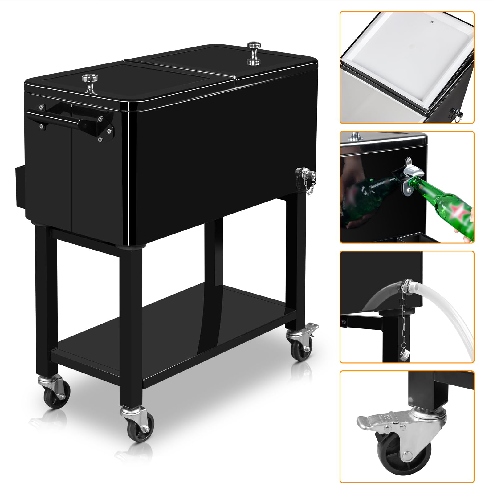 VINGLI 80 Quart Rolling Cooler with Wheels - Portable Outdoor Party Ice Chest for Drinks, Beverage Cart with Shelf & Built-in Bottle Opener - Perfect for Beach, Camping, Tailgating & Backyard BBQs